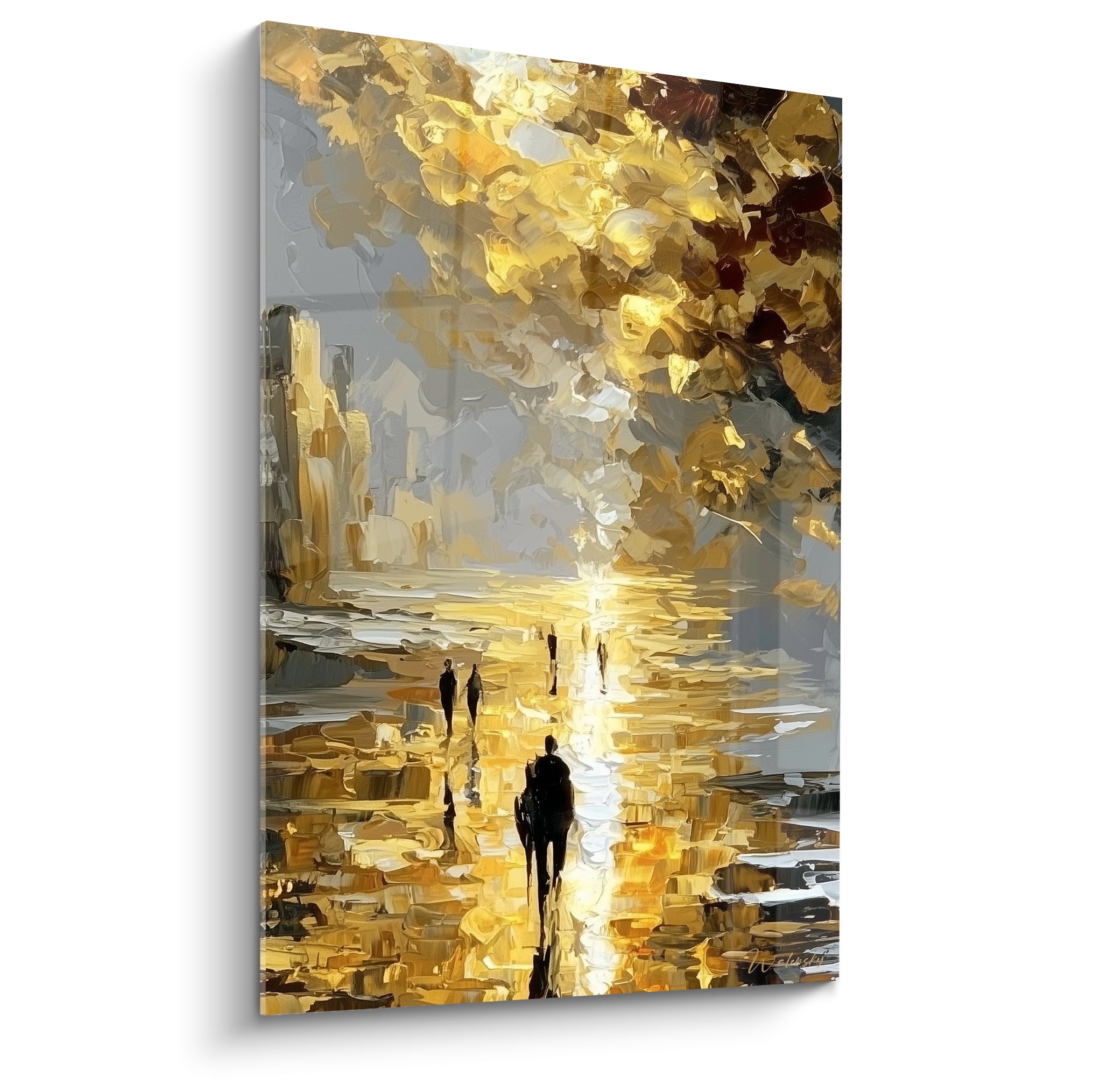 Silhouettes noires marchant vers une lumière dorée sur fond gris, peinture au couteau texturée
