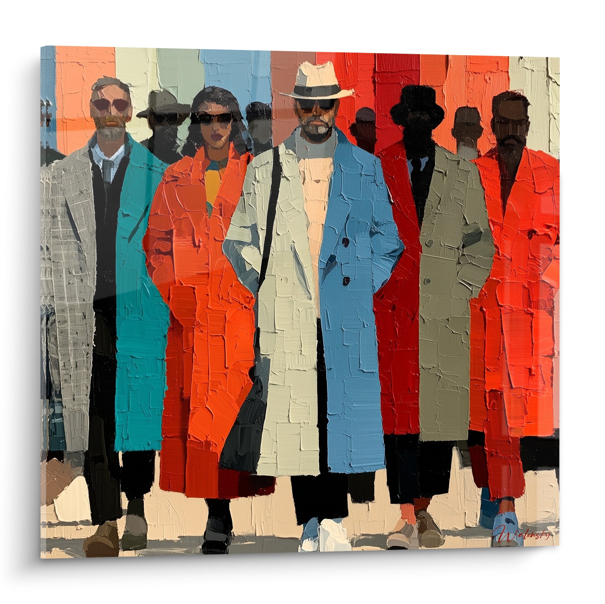 Silhouettes en manteaux bleu ciel et orange marchant, style Peinture abstrait aux empâtements texturés