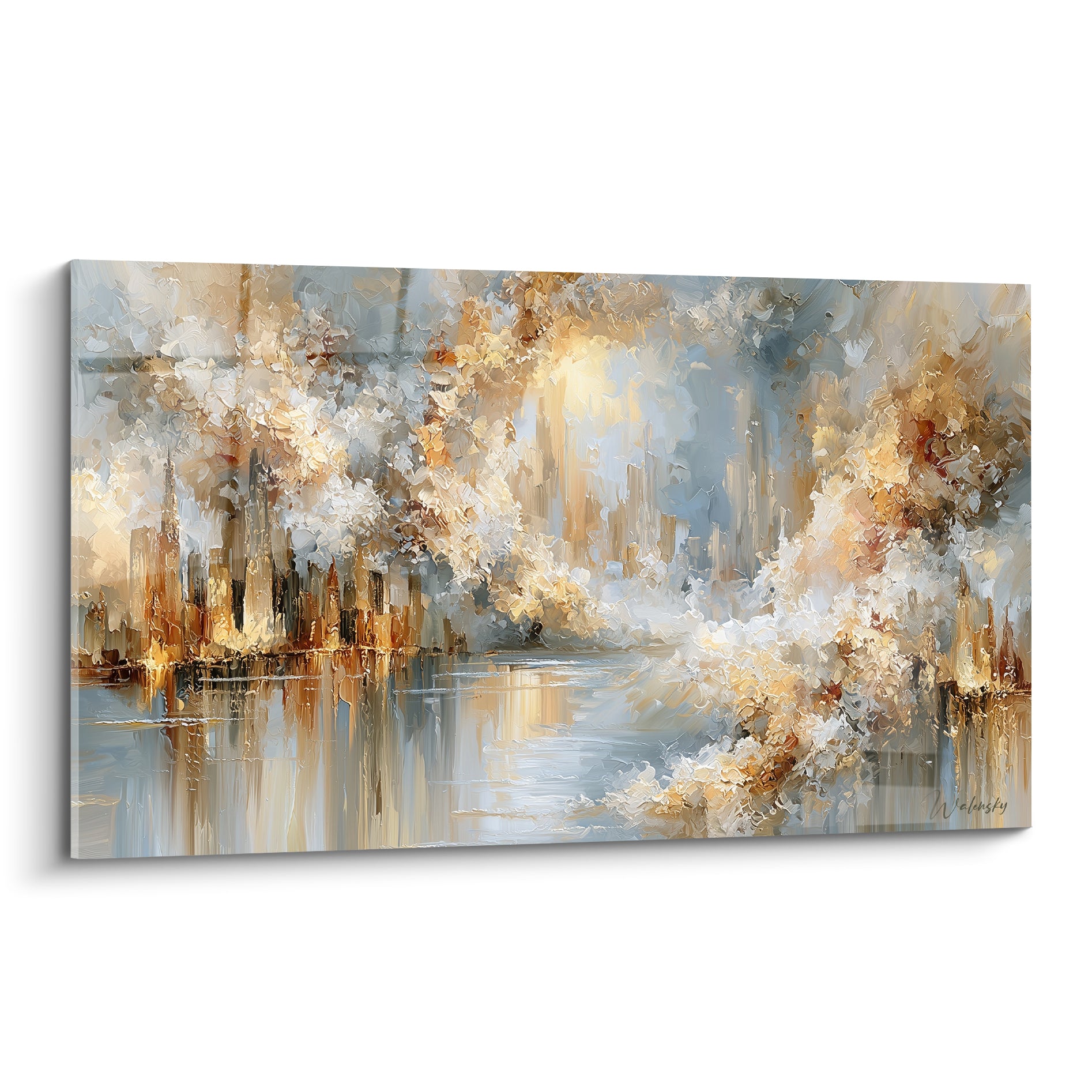 Skyline dorée style Peinture abstrait aux tours ocre et bleu gris reflétées sur l'eau calme