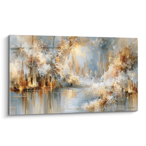 Tableau Skyline dorée aux reflets d'eau - Brume dorée - Edition style Peinture abstrait