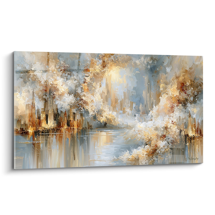Goldenes Skyline-Gemälde mit Wasserreflexen - Goldenes Dunstnebeln - Edition im abstrakten Malstil
