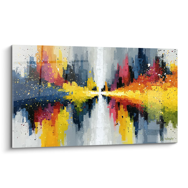 Tableau Skyline éclatée jaune et bleu marine - Vertige urbain - Edition style Peinture abstrait