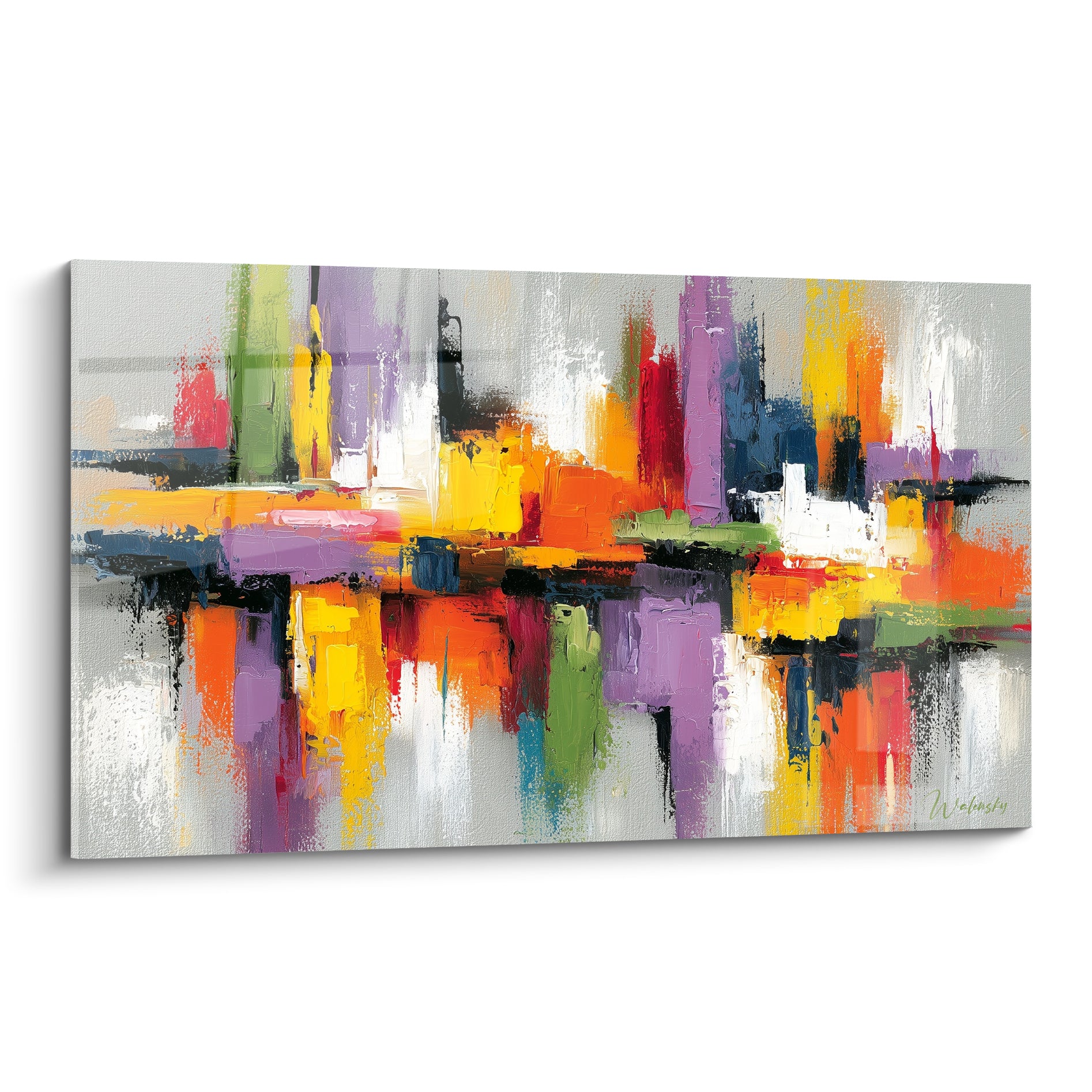 Skyline abstraite en touches orange et violettes sur fond gris texturé, composition urbaine imaginaire