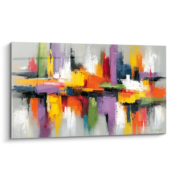Tableau Skyline abstraite orange et violette texturée - Cité fragmentée - Edition style Peinture abstrait