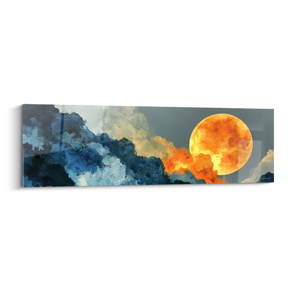Tableau Lune orange émergeant de nuages bleus texturés - Disque solaire embrasé - Edition style Peinture abstrait