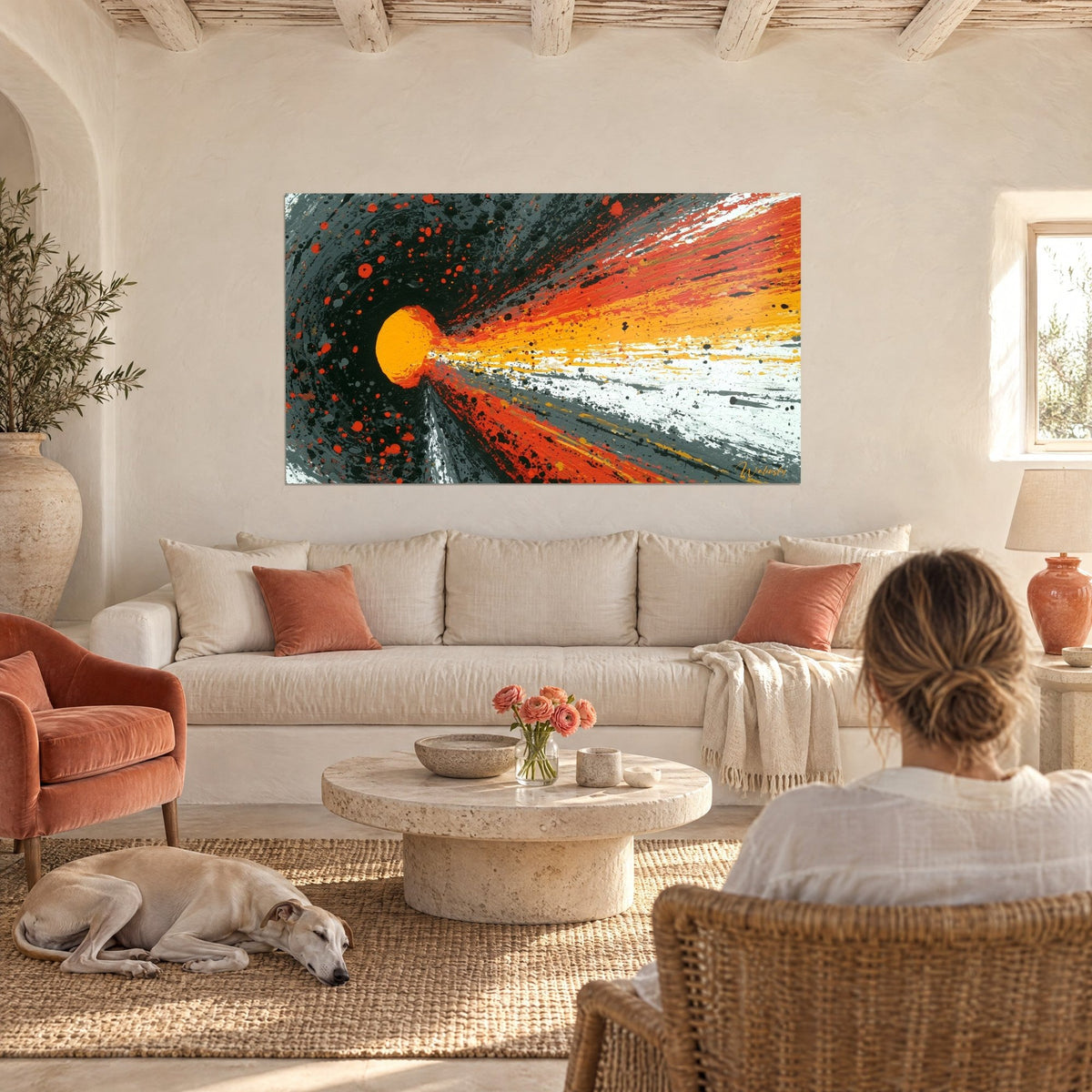 Wall art orange comet slicing through a charcoal tunnel, with white and yellow trail, above a sofa in a bright living room