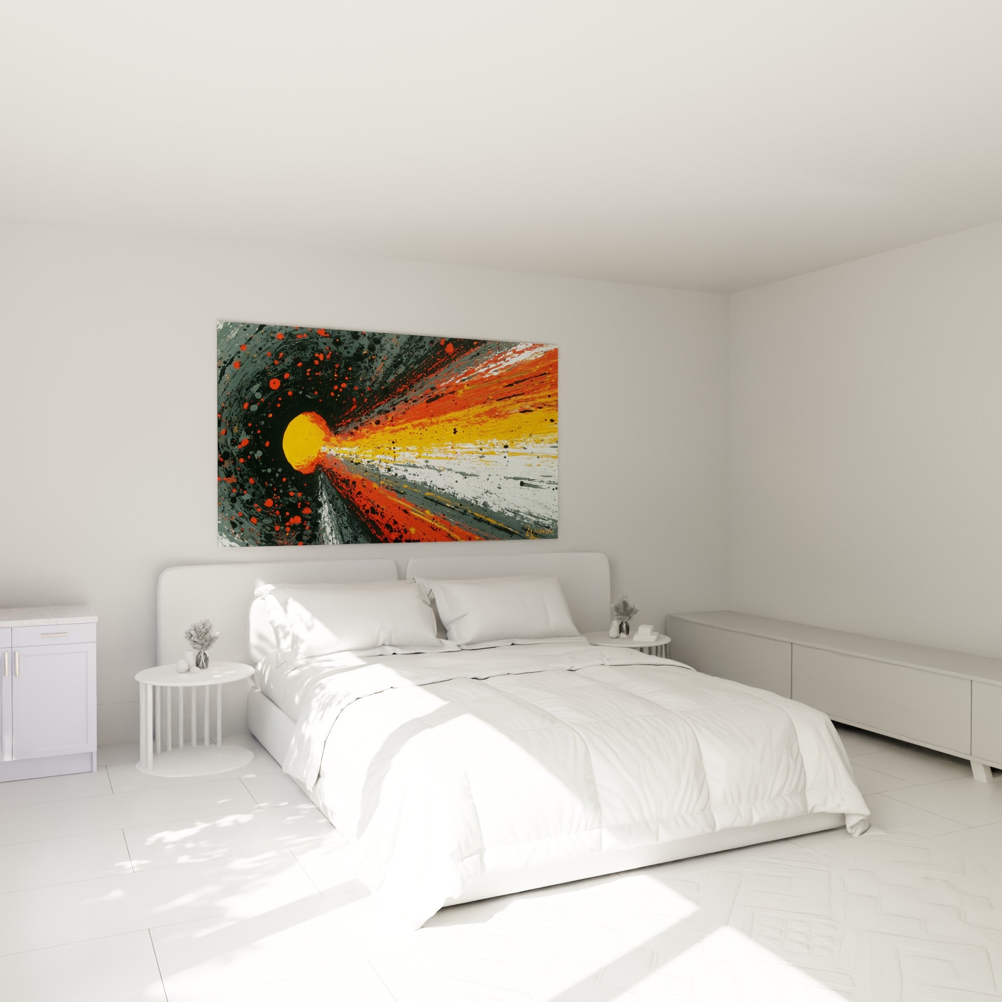 Sphère dorée jaillissant sur fond gris et rouge, tableau accroché au-dessus d'un lit dans une chambre claire