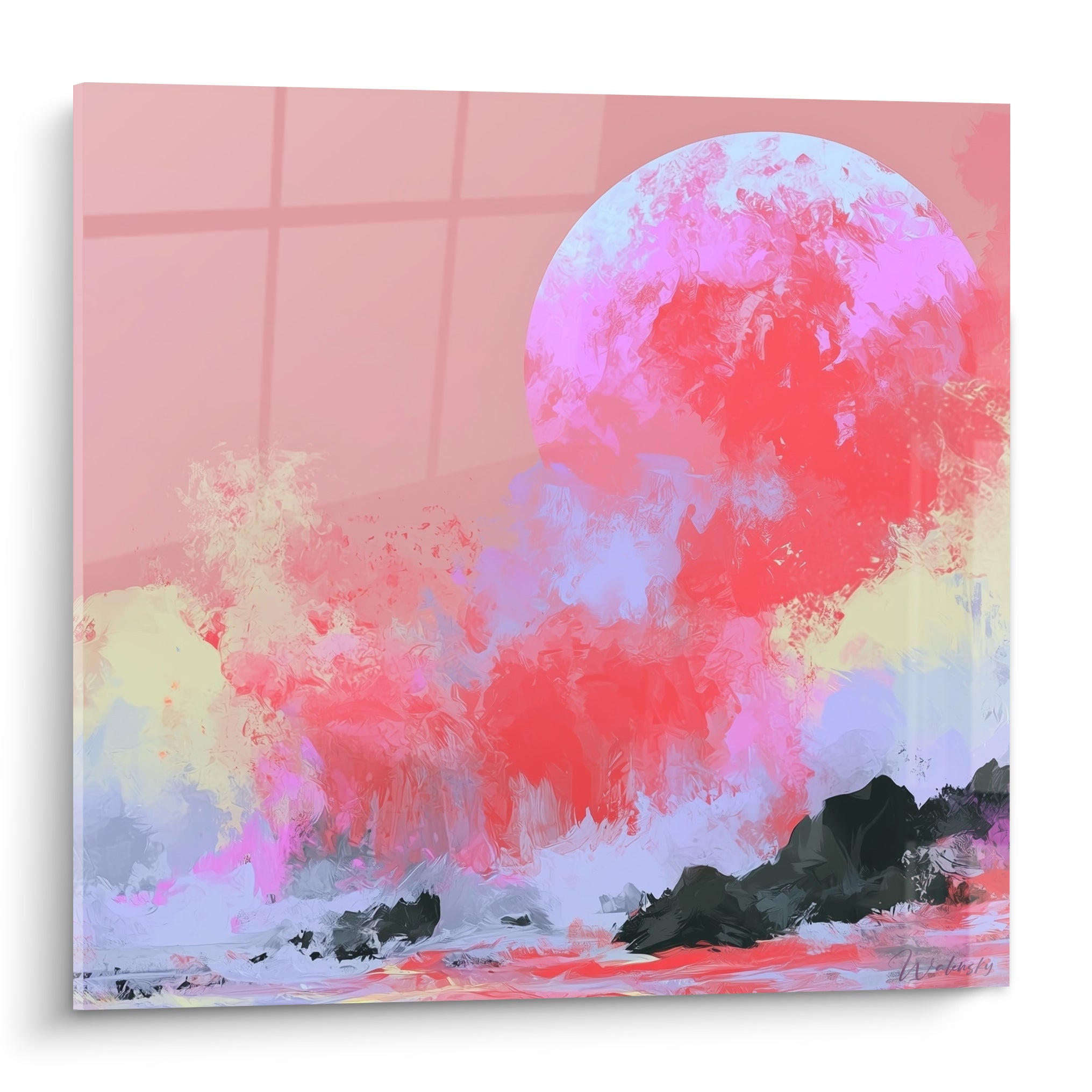 Sphère rose et corail flamboyante surplombant des rochers anthracite, peinture abstraite texturée