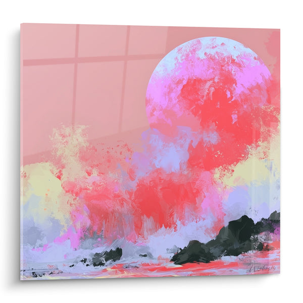 Tableau Sphère rose sur rochers noirs - Aube incandescente - Edition style Peinture abstrait
