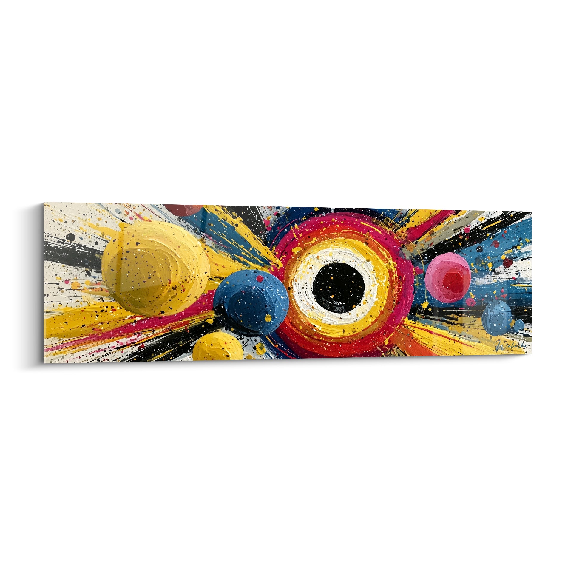 Sphères jaunes et bleu marine entourant un noyau noir cerné de rouge, peinture abstraite texturée