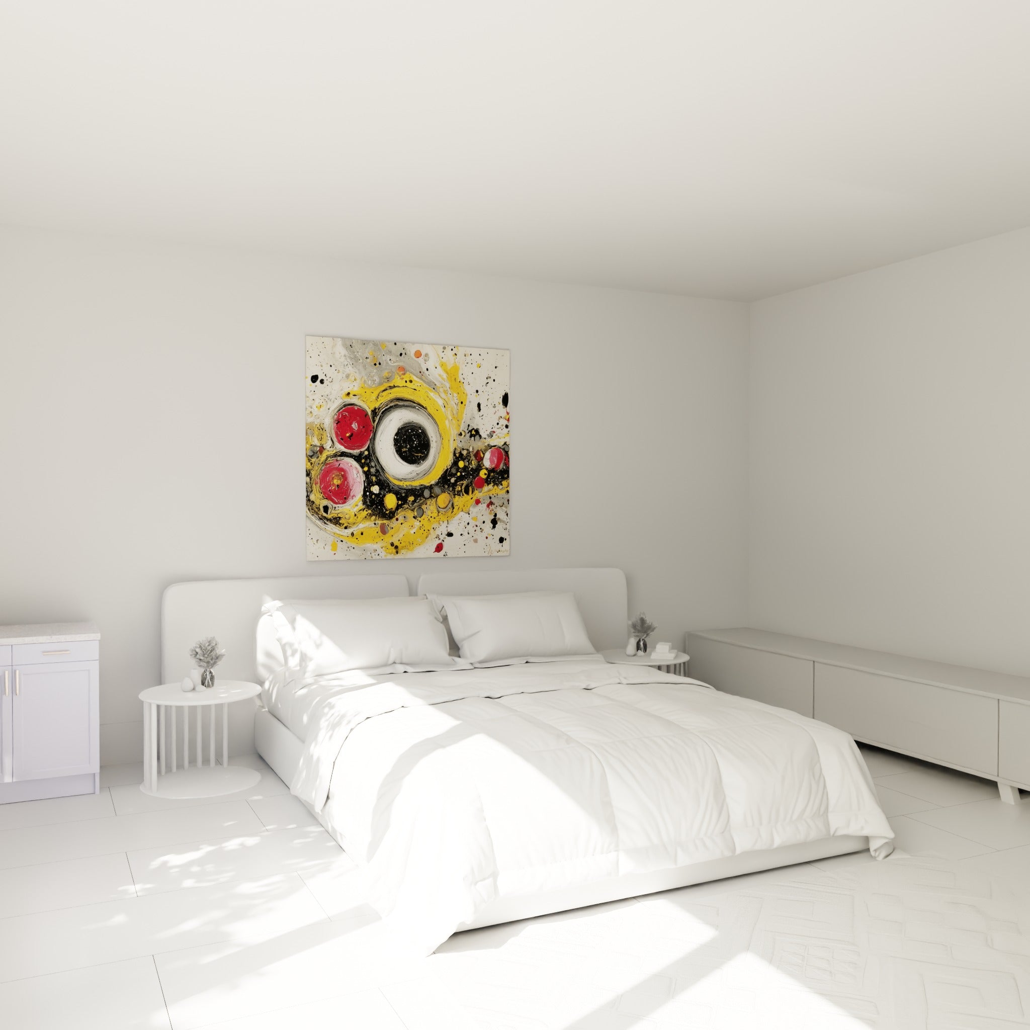Sphères rouge carmin et jaune moutarde du tableau style Peinture abstrait au-dessus d'un lit dans une chambre claire