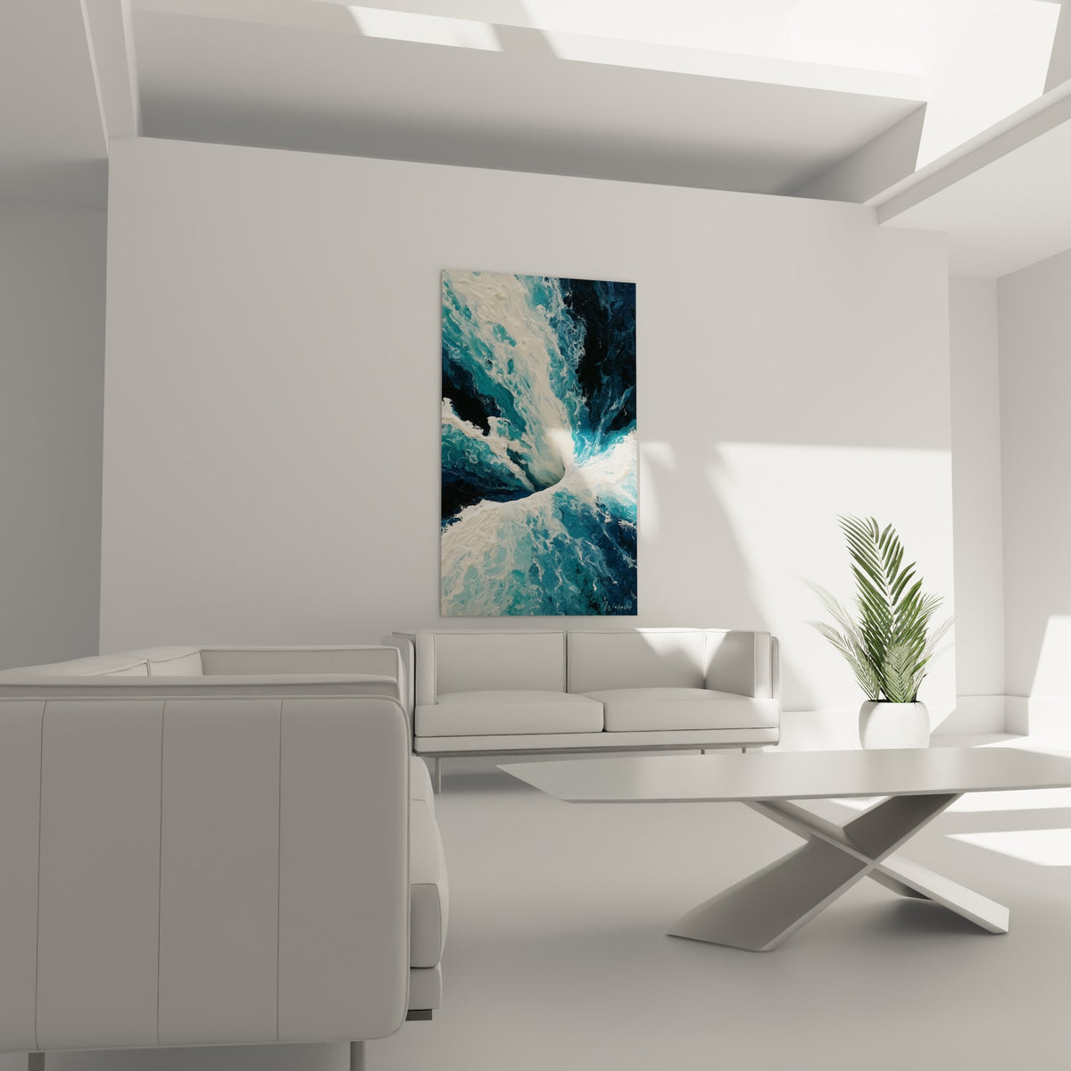 Vagues anthracite et blanches convergeant en spirale, suspendues au-dessus d'un canapé dans un salon lumineux