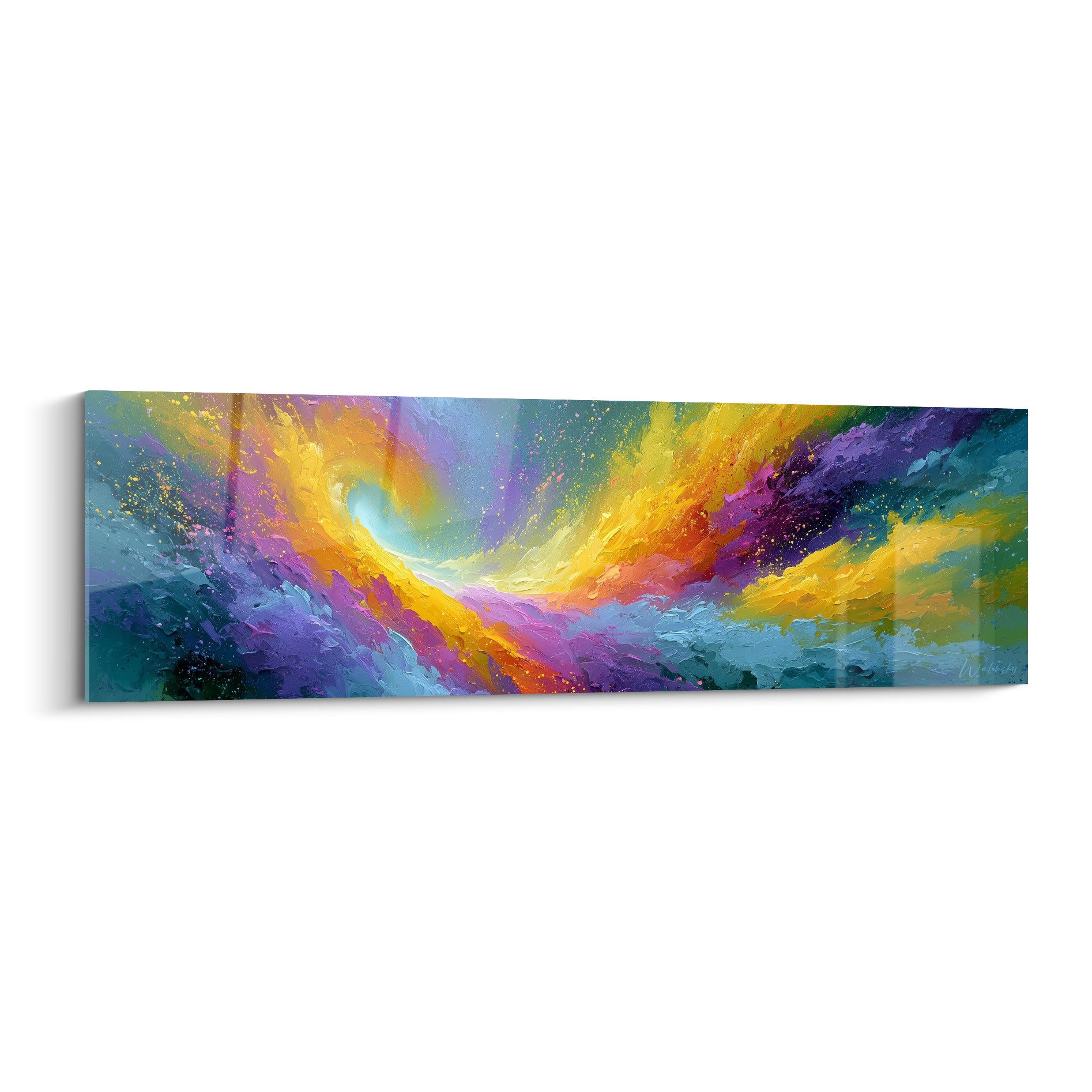 Spirale dorée et violette d'un tableau abstrait avec un centre lumineux blanc éclatant