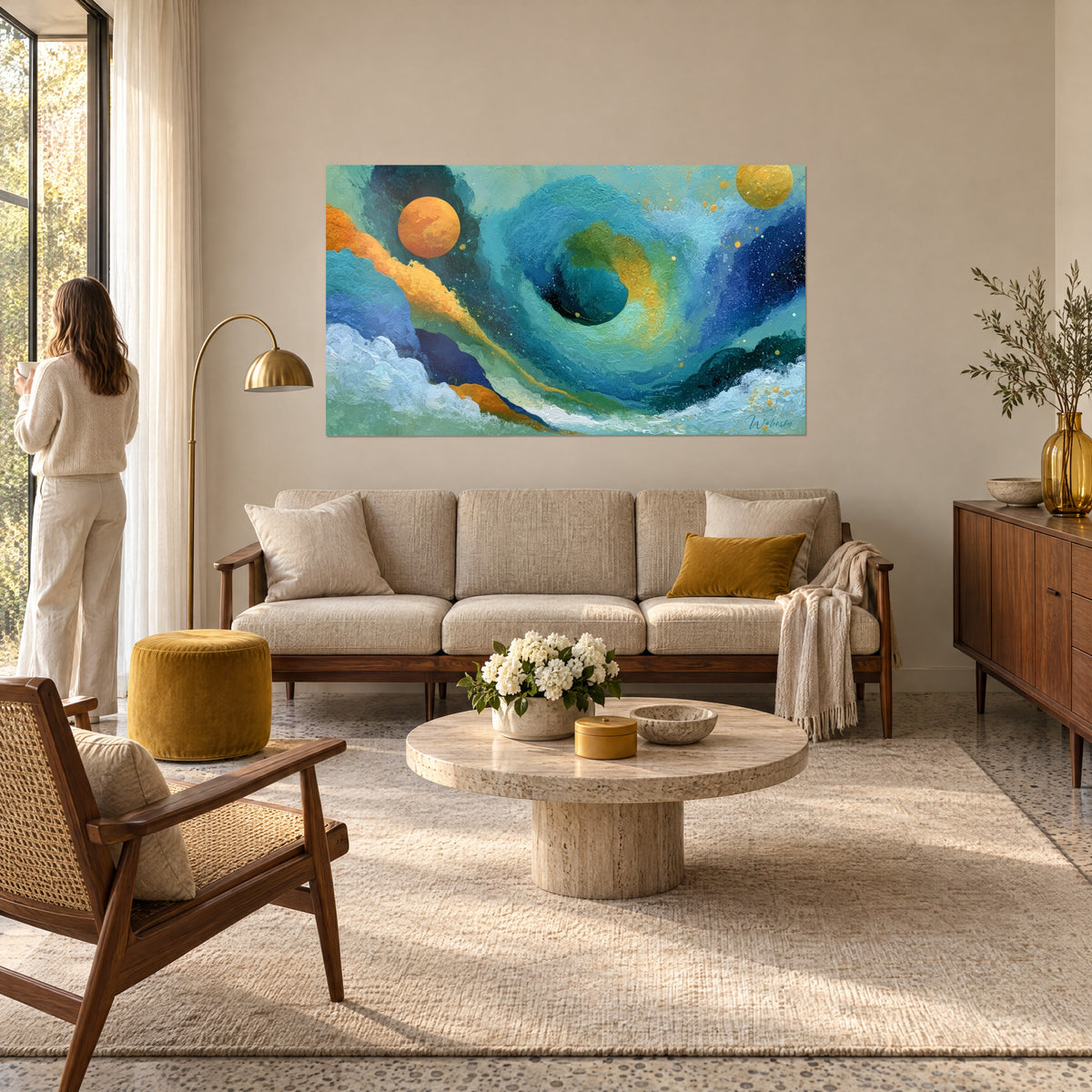 Cuadro remolino azul turquesa y dorado que rodea una esfera naranja, pintura gruesa en empaste, encima de un sofá en un salón luminoso