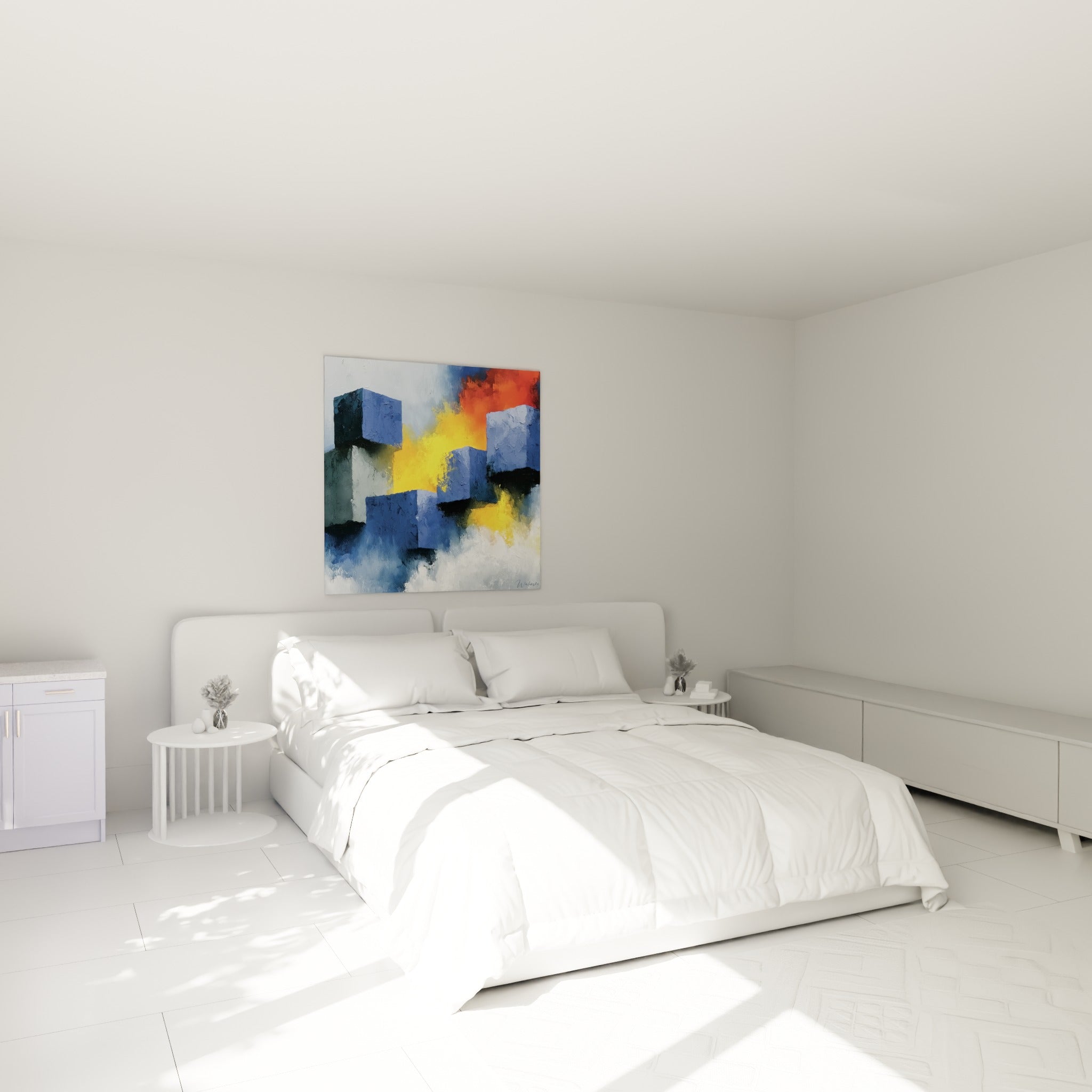 Structure de cubes bleus traversée de flammes ocre surplombe un lit dans une chambre claire