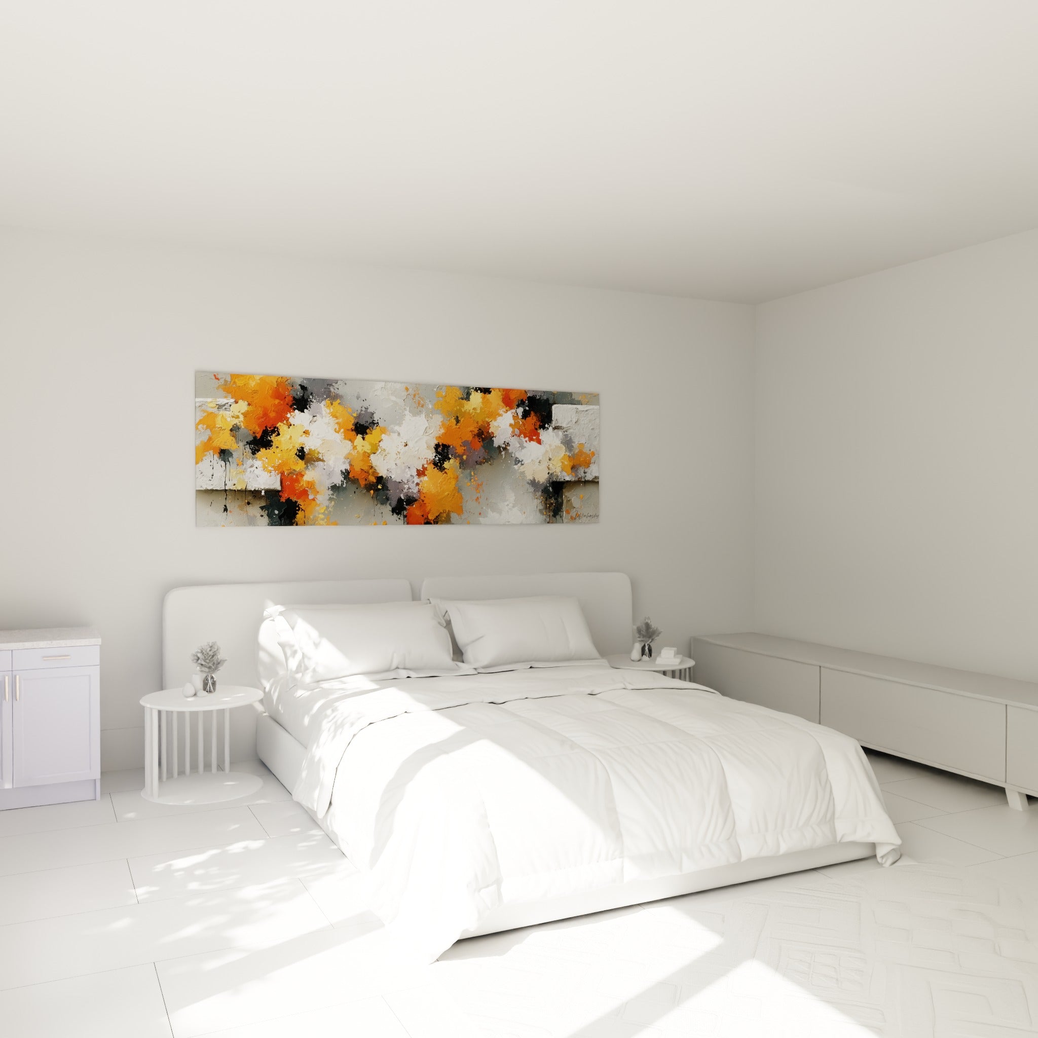 Taches orange, blanches et noires d'une œuvre abstraite accrochée au-dessus d'un lit dans une chambre claire