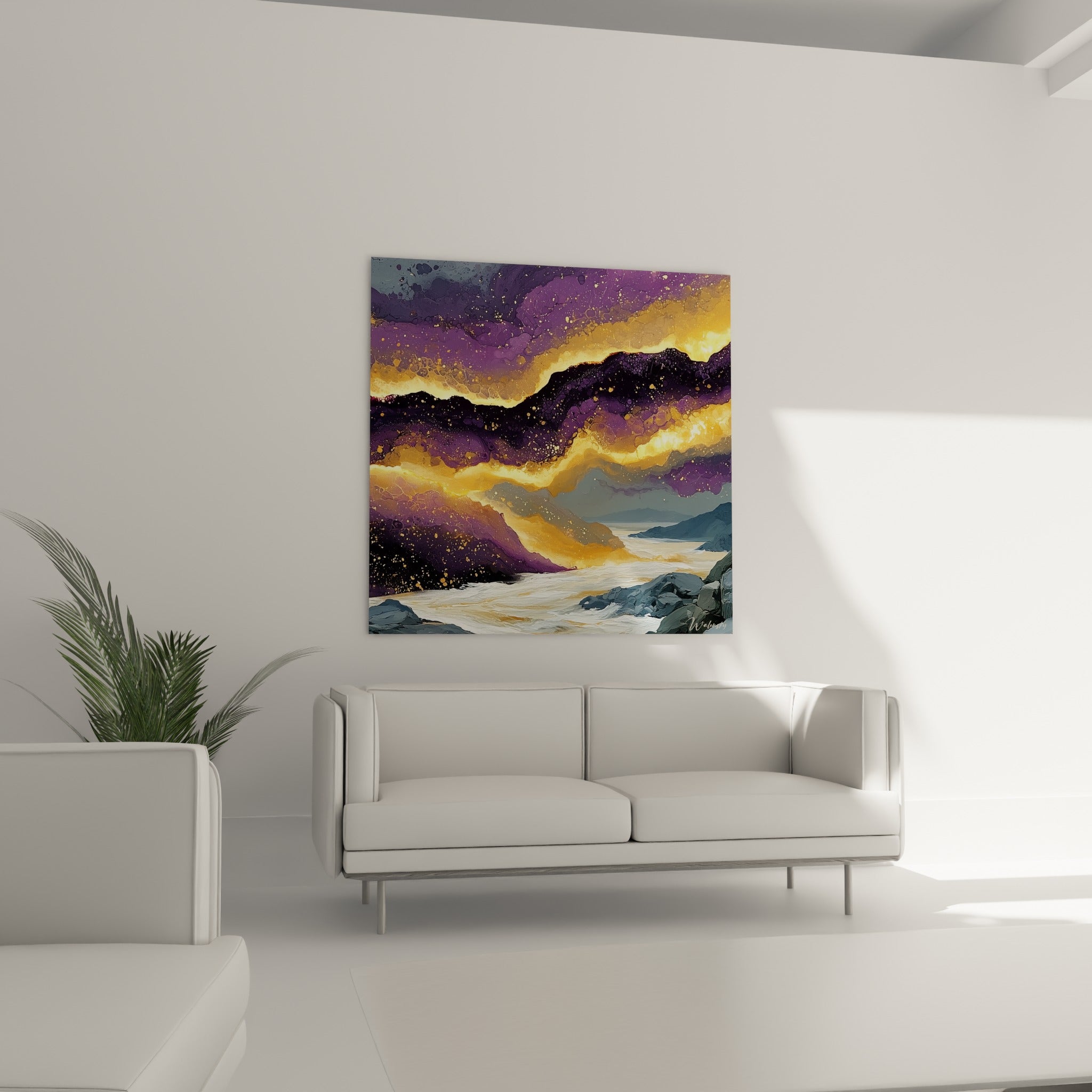 Tempête picturale ocre et violette, mer agitée d'écume crème, au-dessus d'un canapé dans un salon lumineux