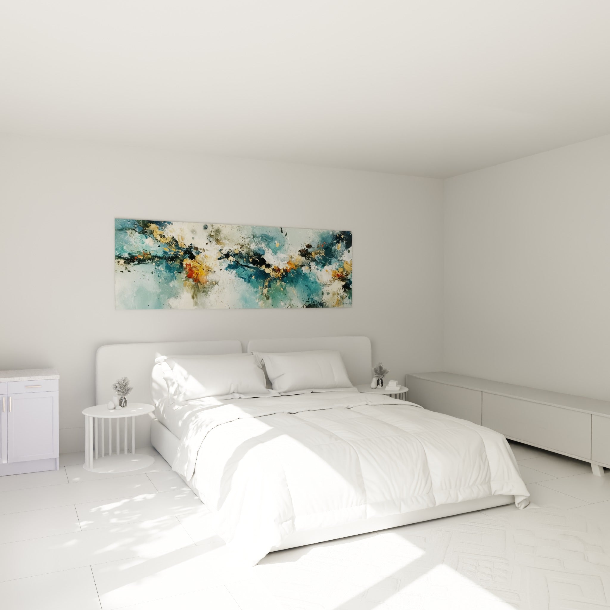 Composition bleu sarcelle et terracotta au-dessus d'un lit dans une chambre claire, style Peinture abstrait