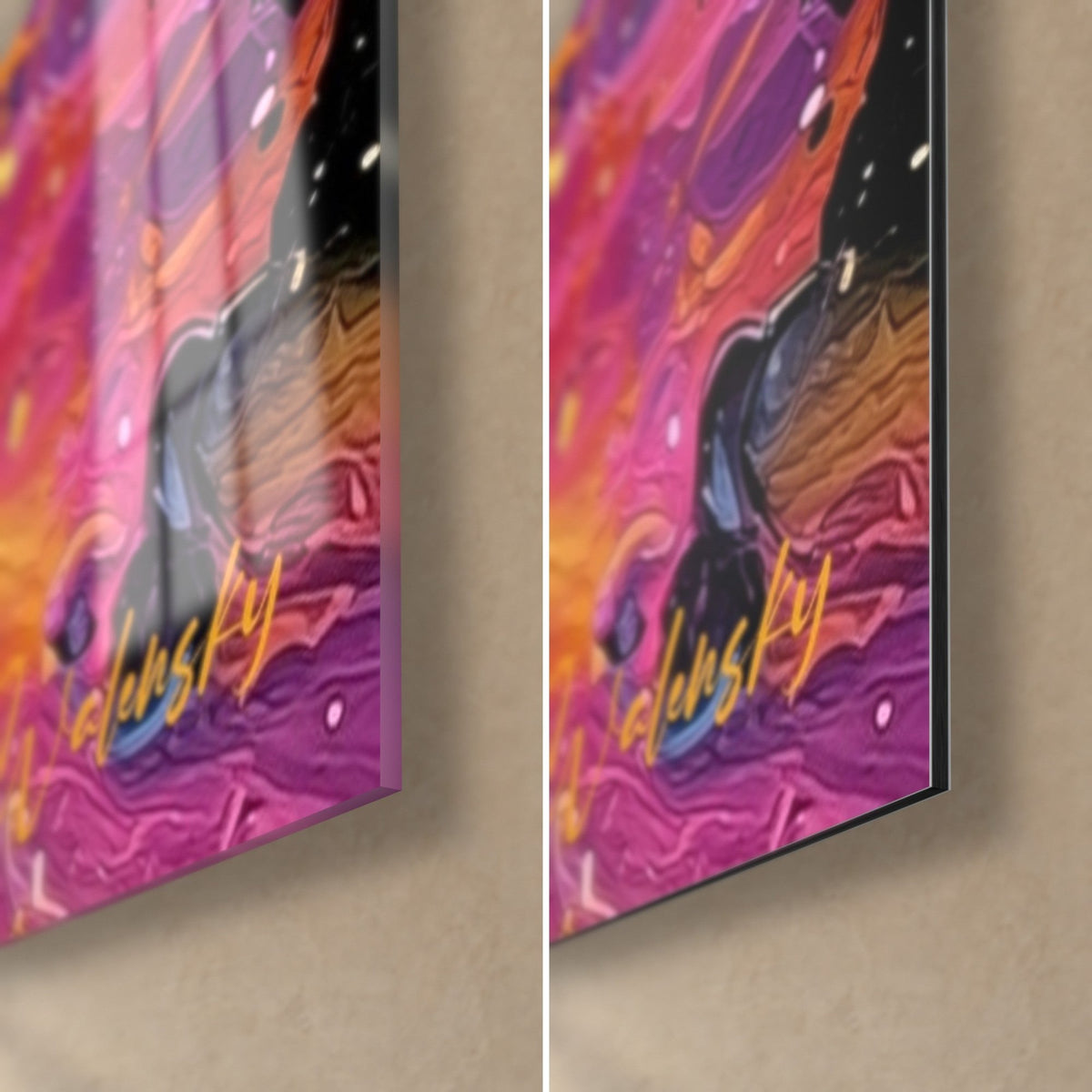 Quadro pittura astratta in fucsia e viola, angolo in basso a destra, vetro acrilico lucido a sinistra, alluminio Dibond opaco a destra, spessore 3 mm
