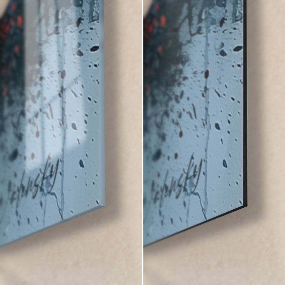 Wall art abstract nebula in slate blue and orange, bottom right corner: glossy glass reflecting light, matte Dibond, 3 mm edge