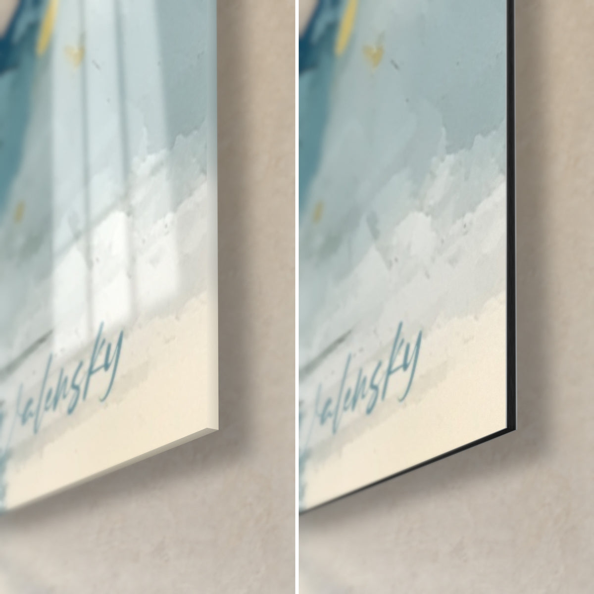 Wall art of a blue cloud with golden splashes, bottom right corner: Walensky signature, glossy glass on the left, matte Dibond on the right