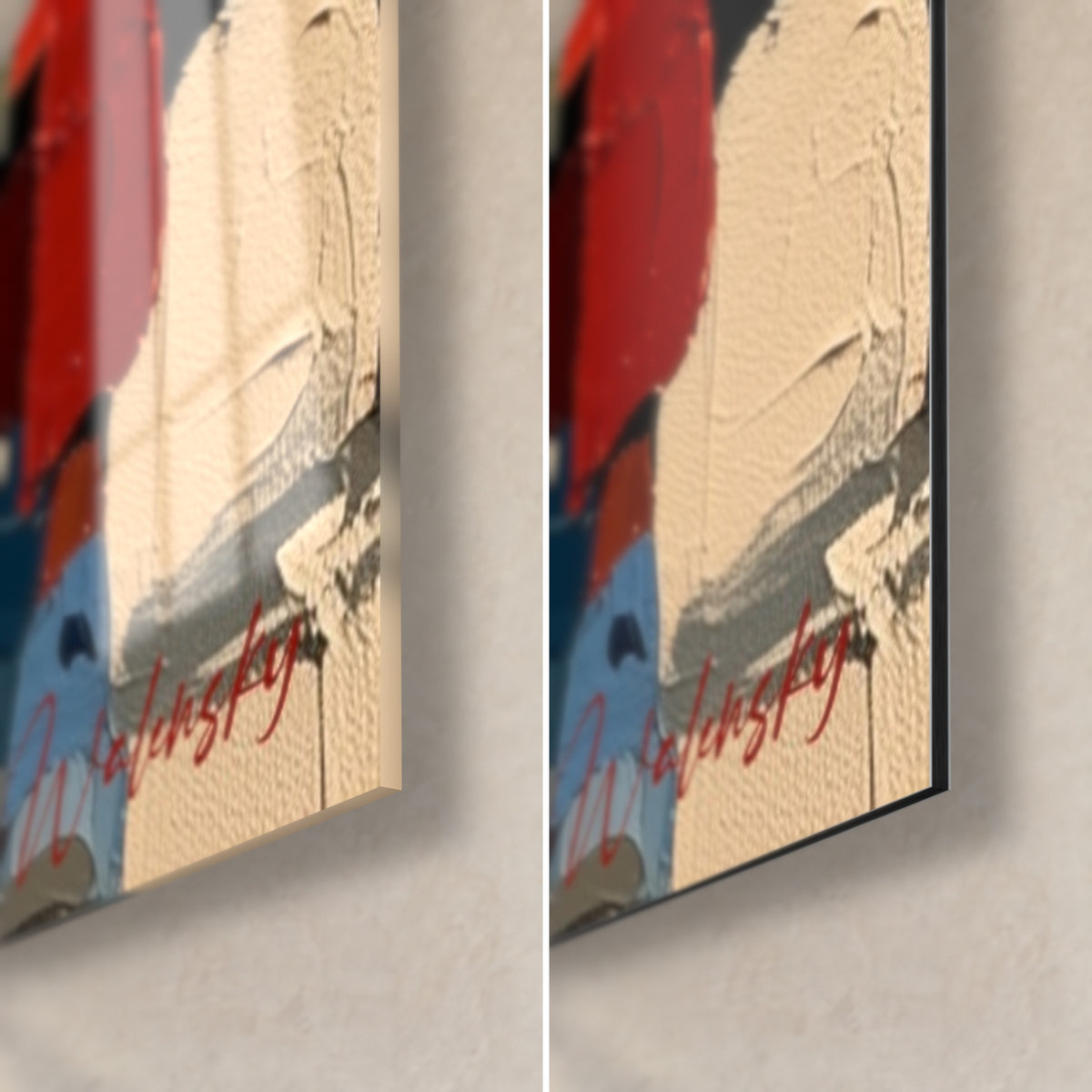 Tableau silhouettes en manteaux orange et bleu, coin bas droit, signature rouge, verre brillant et Dibond mat, tranche 3 mm