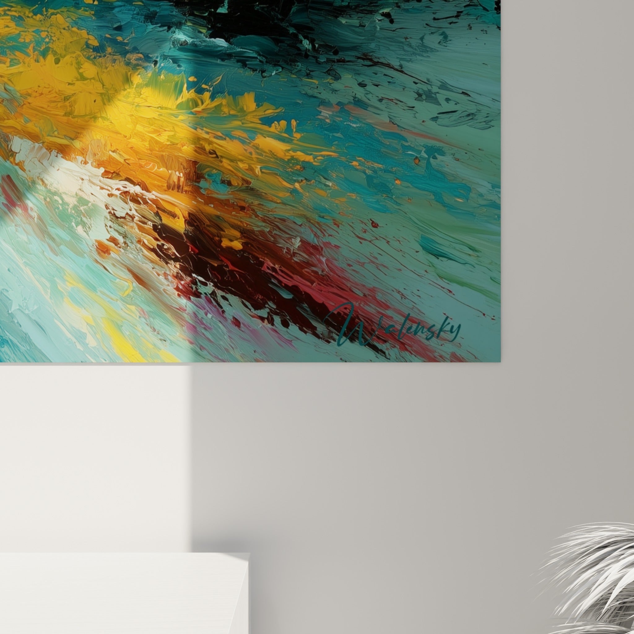 Empâtements épais mêlant doré, blanc et sarcelle profond, révélant le grain et les coulures de la peinture au couteau