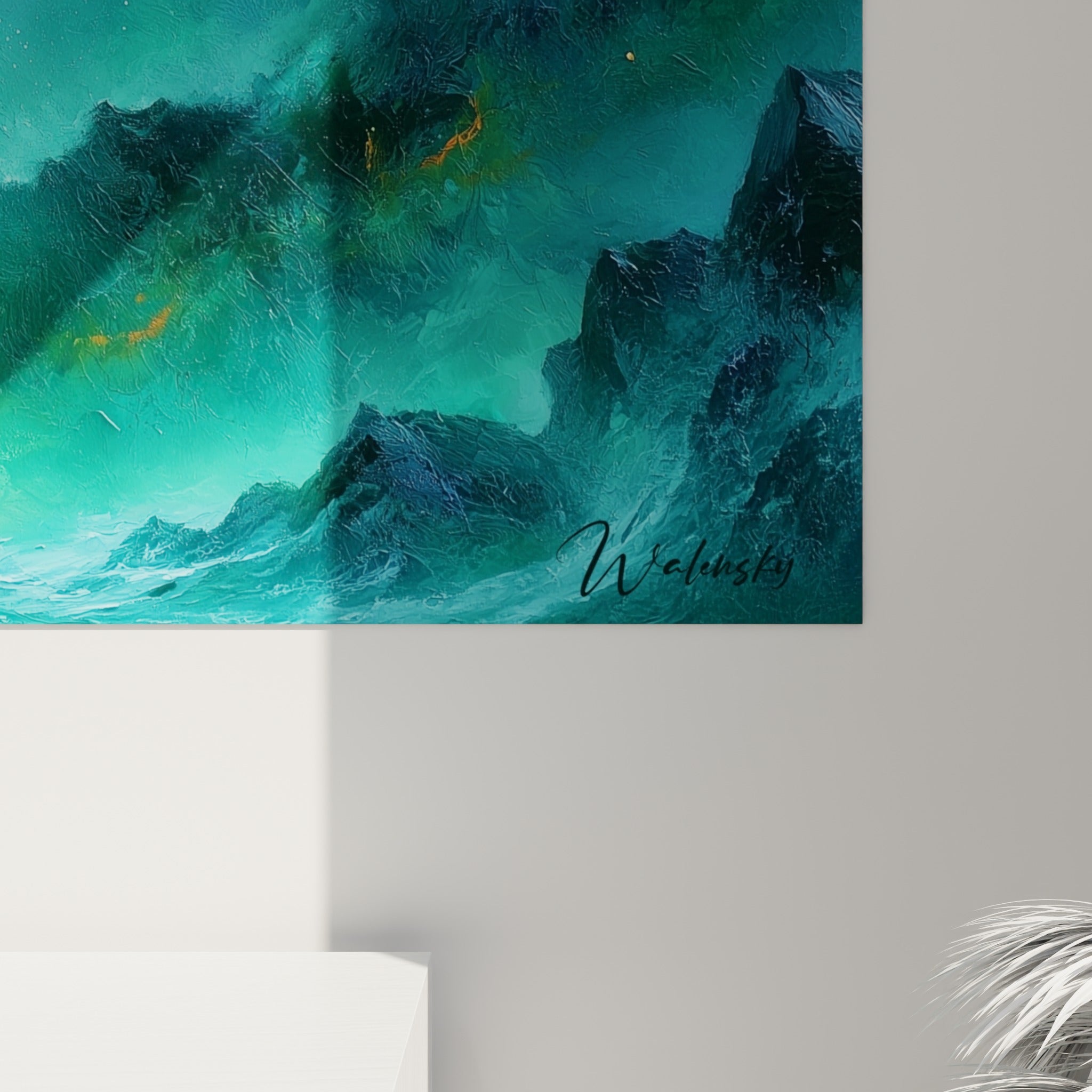 Empâtements turquoise et coulures dorées de ce style Peinture abstrait, matière peinte visible en détail
