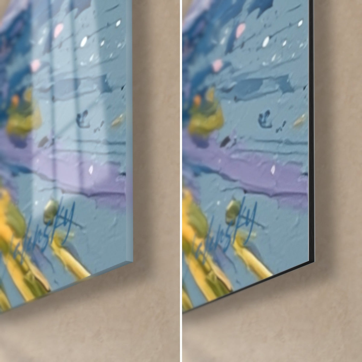 Gemälde abstraktes Strahlenbild, untere rechte Ecke: glänzendes blaues und gelbes Acrylglas links, mattes schwarzes Dibond rechts