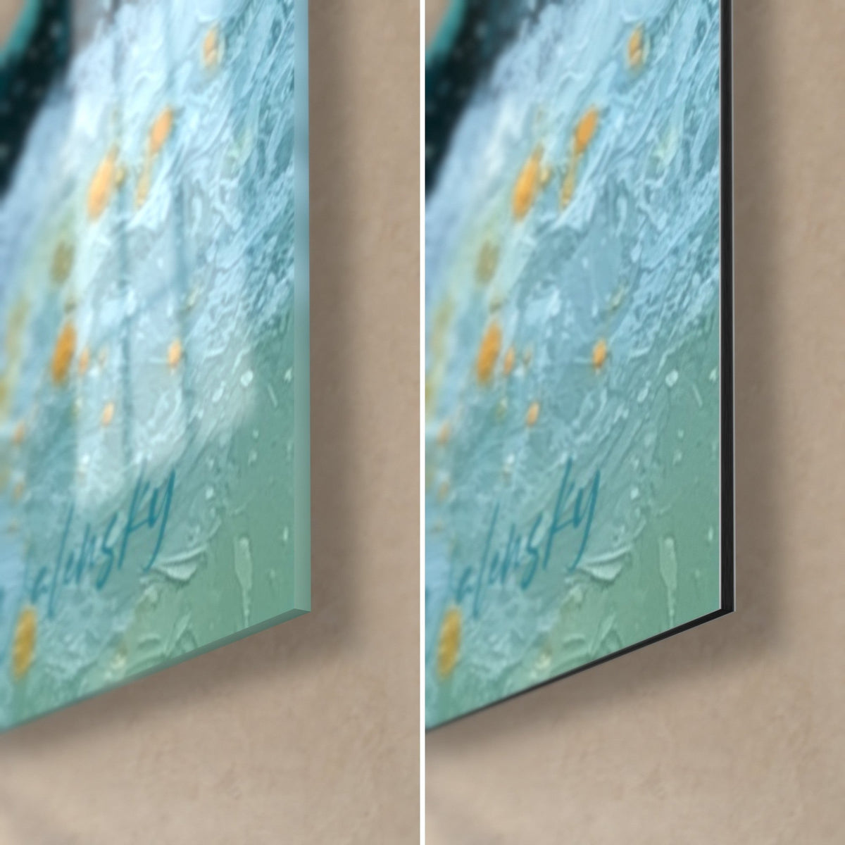 Wall art vortex painted with gold sparkles, bottom right corner: glossy acrylic glass on the left, matte black Dibond on the right, 3 mm edge