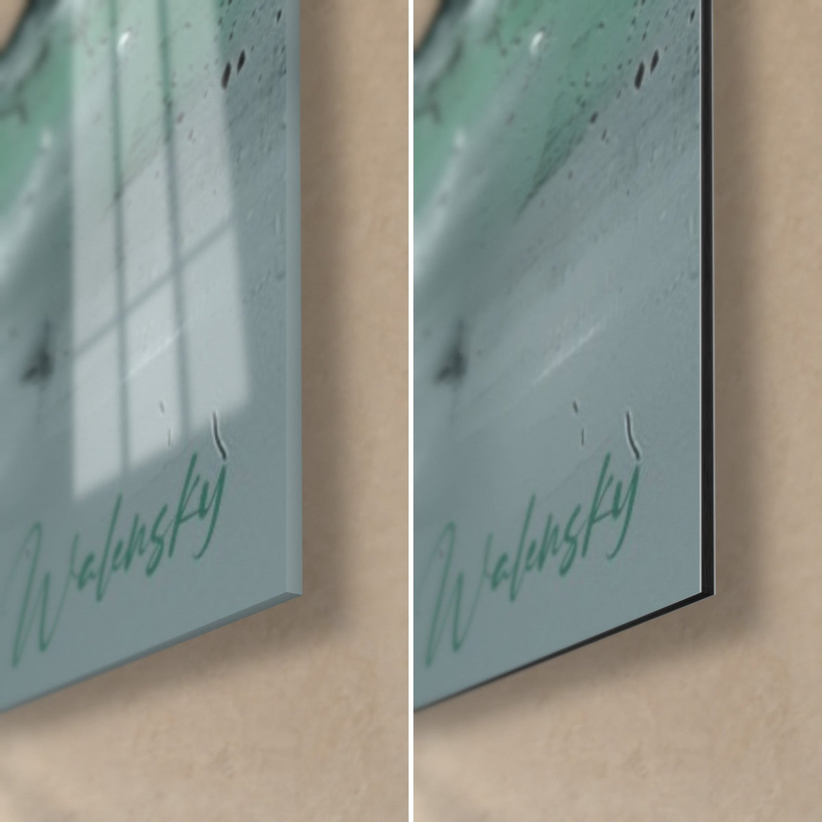 Gemälde abstrakte Malerei in Orange und Grün, untere rechte Ecke: glänzendes Acrylglas links, mattes Dibond-Aluminium rechts, 3 mm Kante