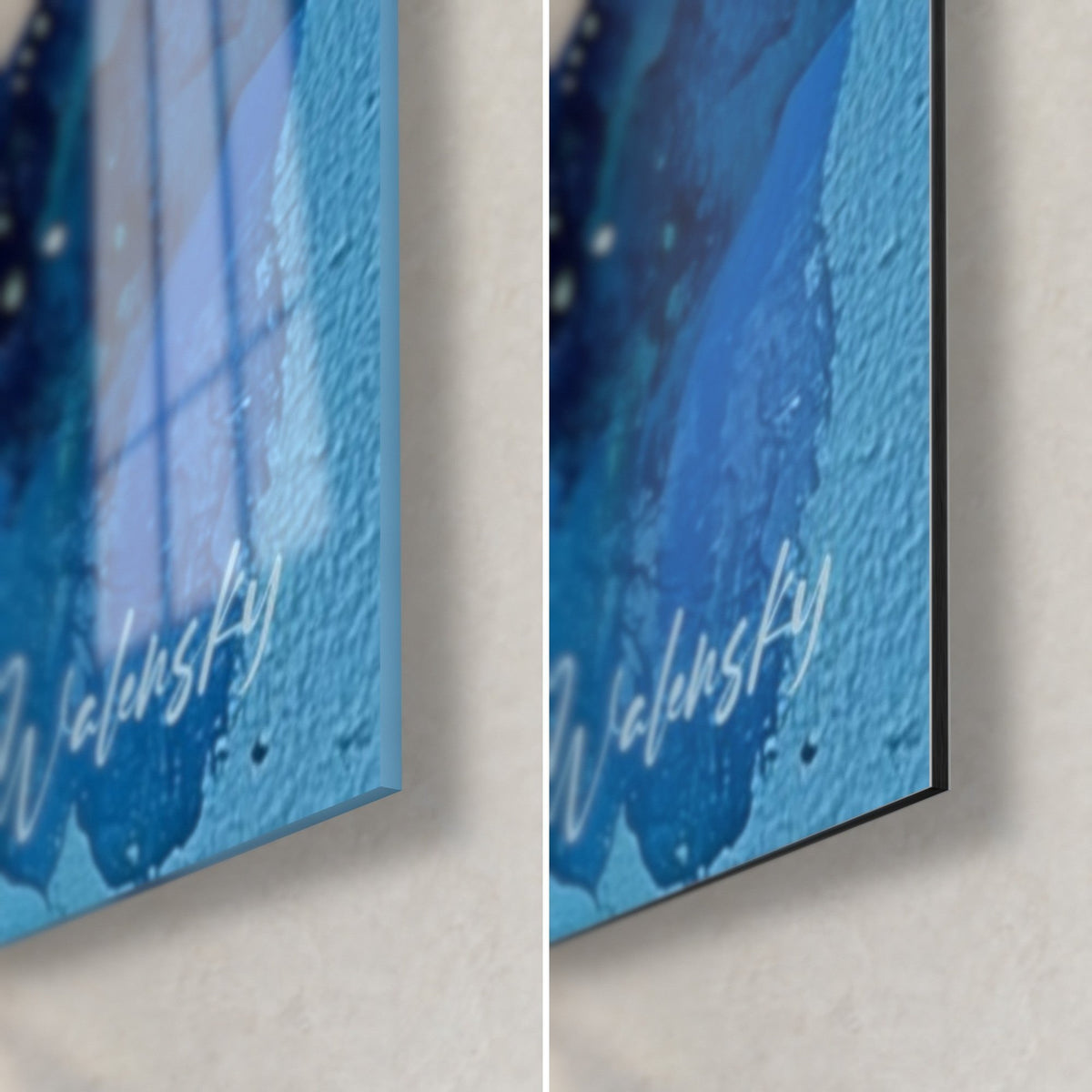 Wall art navy night painted in deep blue, bottom right corner, glossy acrylic glass with reflections and matte grey Dibond, 3 mm edge visible