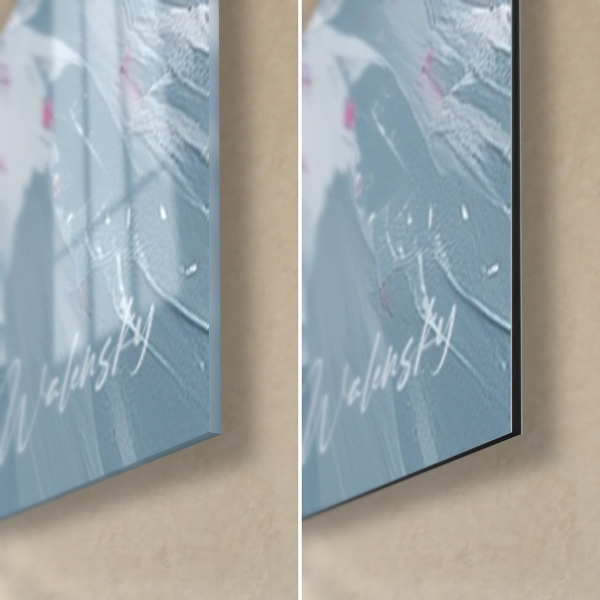 Cuadro explosión de pintura rosa y gris, esquina inferior derecha: cristal acrílico brillante a la izquierda, Dibond negro mate a la derecha, firma blanca