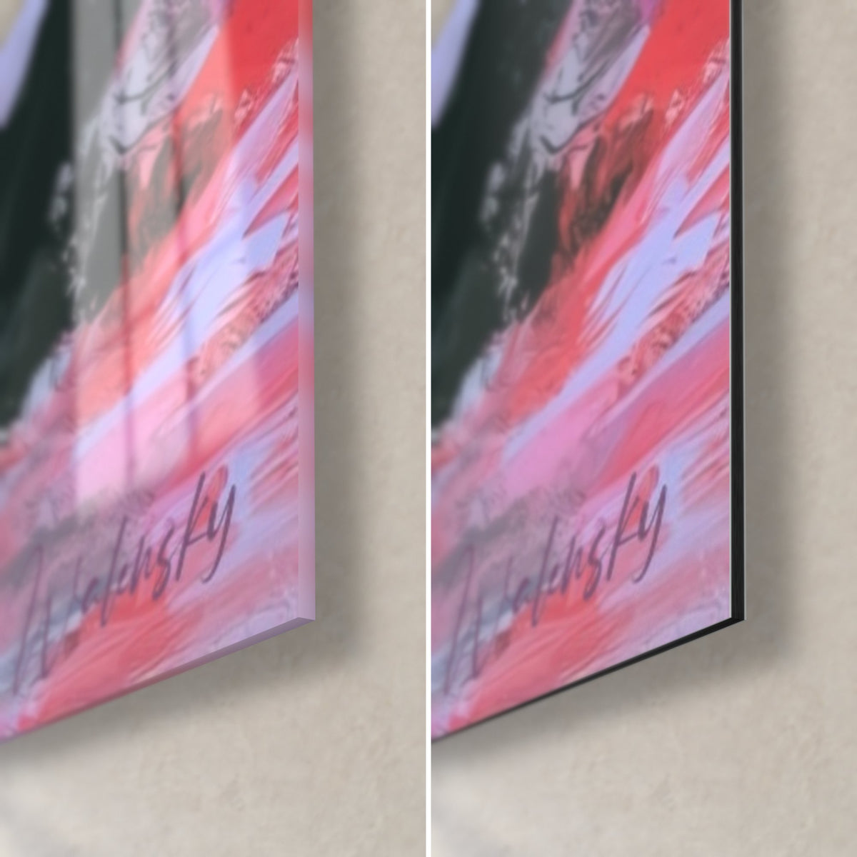Wall art pink celestial body with red brushstrokes, bottom right corner: glossy glass with reflections, matte black Dibond, 3 mm edge