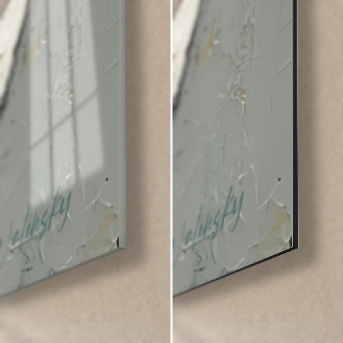 Schilderij abstracte rode en witte ringen, rechtsonder: glanzend acrylglas dat het raam weerspiegelt, mat zwart Dibond, rand van 3 mm