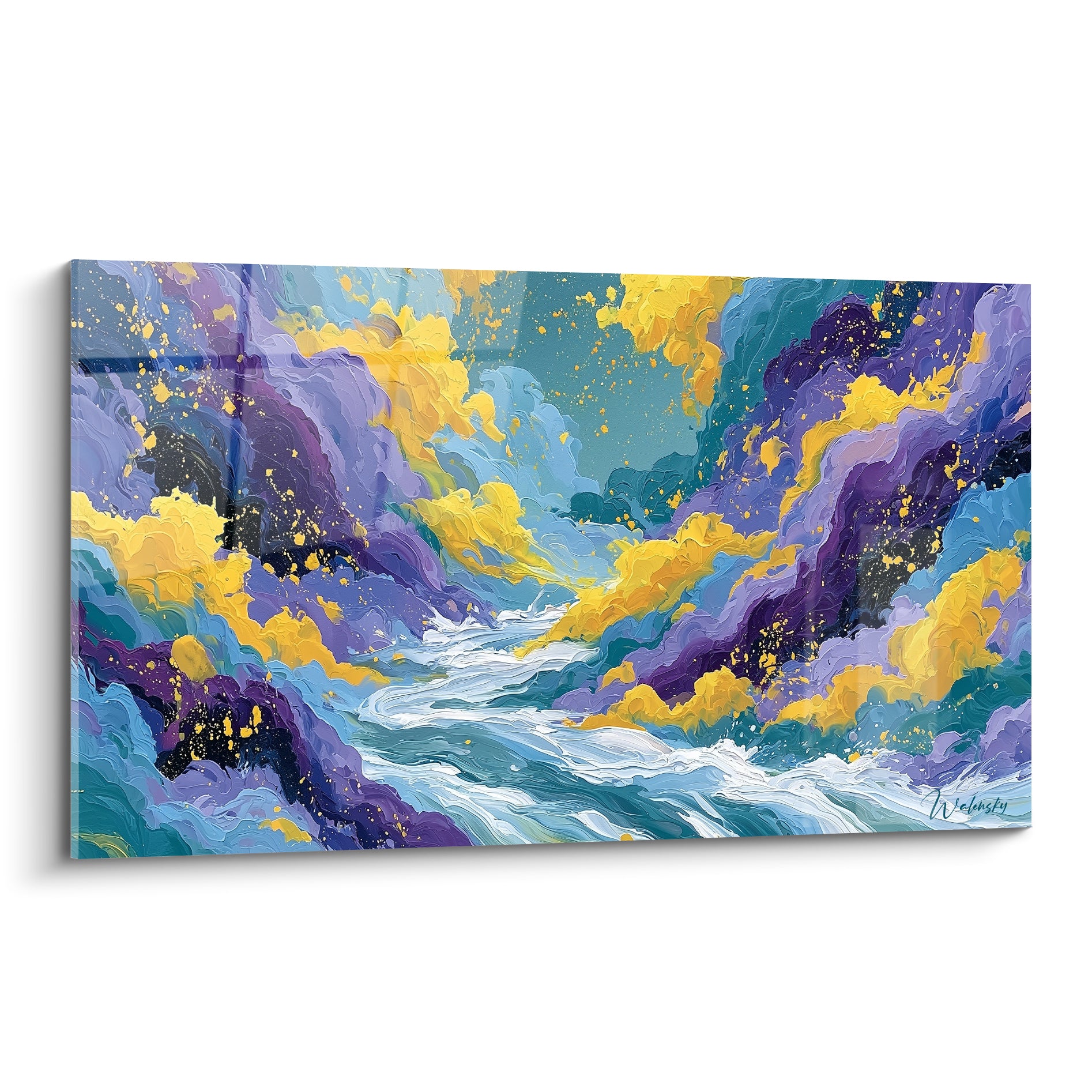 Torrent violet, doré et turquoise s'engouffrant entre falaises abstraites peintes au couteau