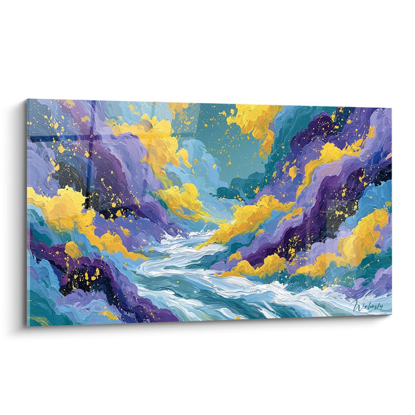 Tableau Torrent violet et jaune entre falaises - Fureur des eaux - Edition style Peinture abstrait