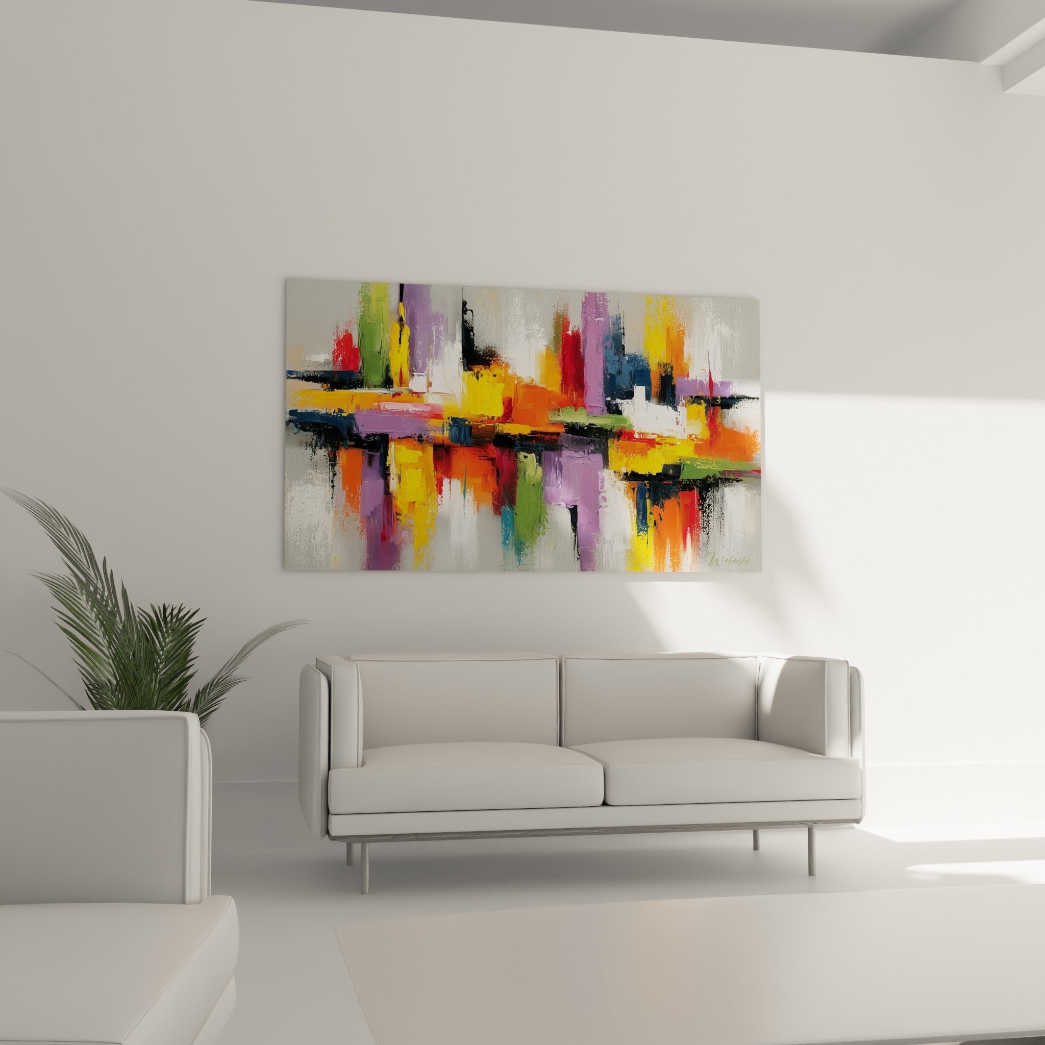 Touches vives jaune et vert traversant une skyline abstraite orange, au-dessus d'un canapé dans un salon lumineux