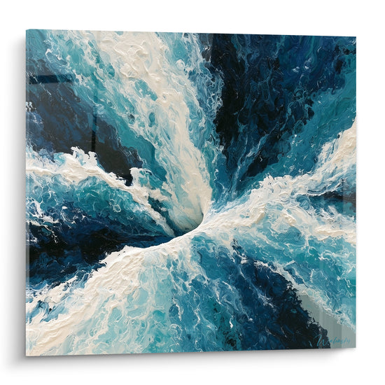 Tourbillon marin en bleu marine, turquoise et blanc crème, empâtements épais style Peinture abstrait