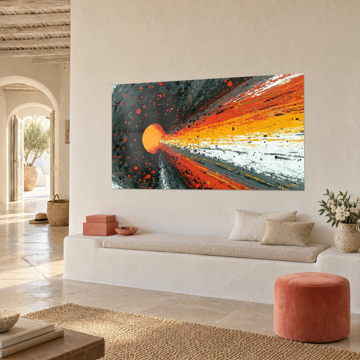 Wall art saffron fireball erupting from a black and grey vortex, with red splashes, on a white stone wall