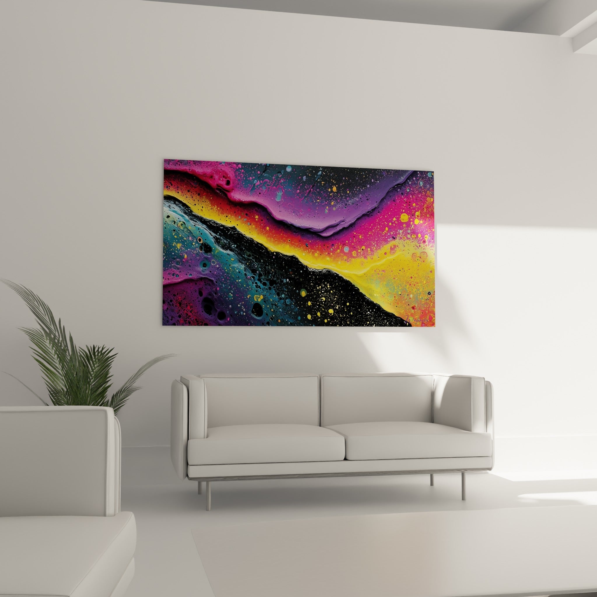 Vagues fluides violettes et fauves traversant la toile abstraite au-dessus d'un canapé dans un salon lumineux