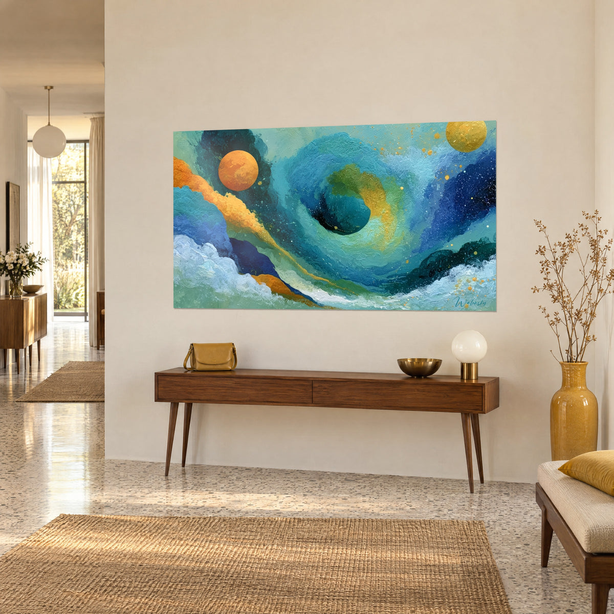 Wall art celestial spiral with white foam waves, ultramarine and ochre tones, on a beige wall, three-quarter view