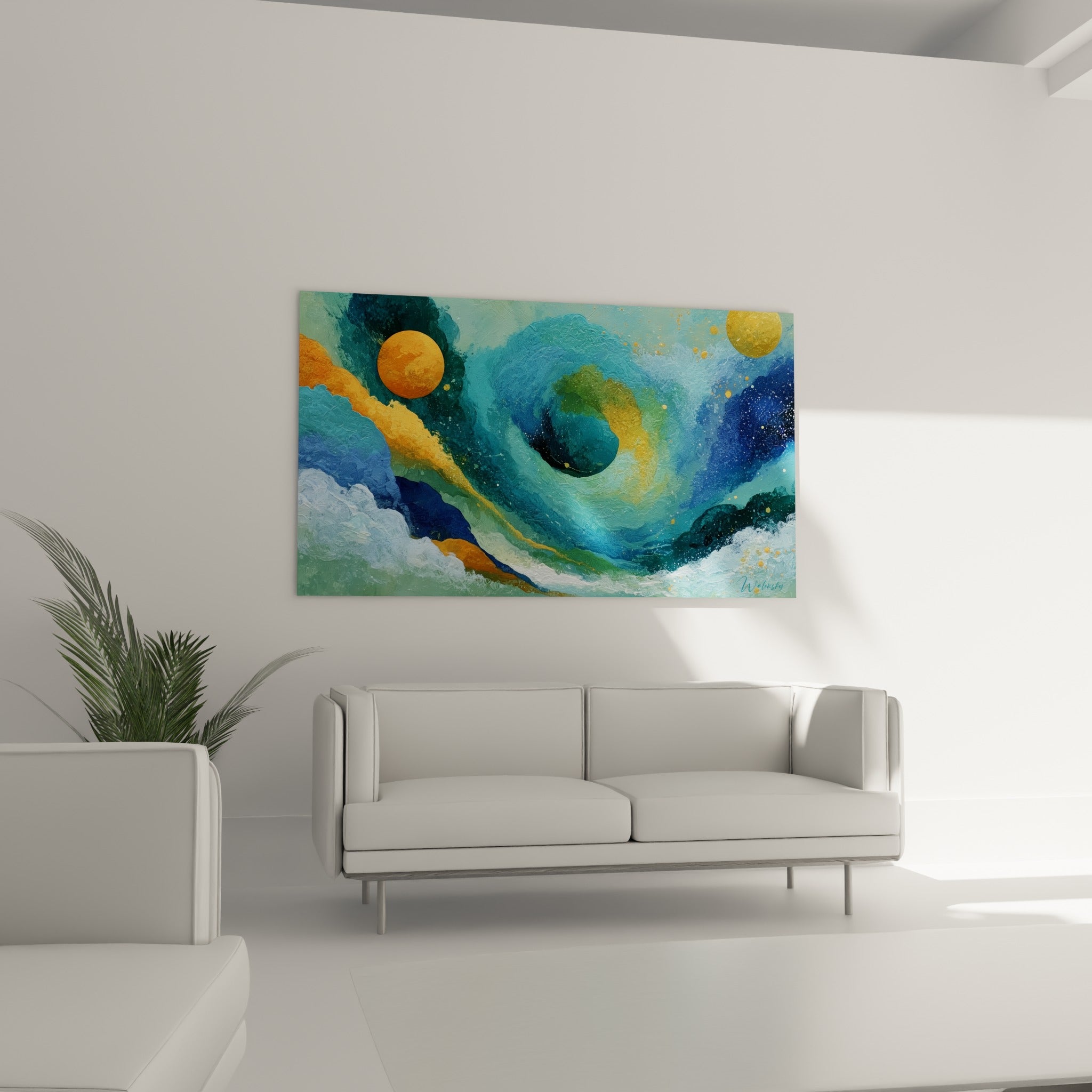 Tourbillon turquoise et vague blanche écumeuse d'une toile abstraite, au-dessus d'un canapé dans un salon lumineux