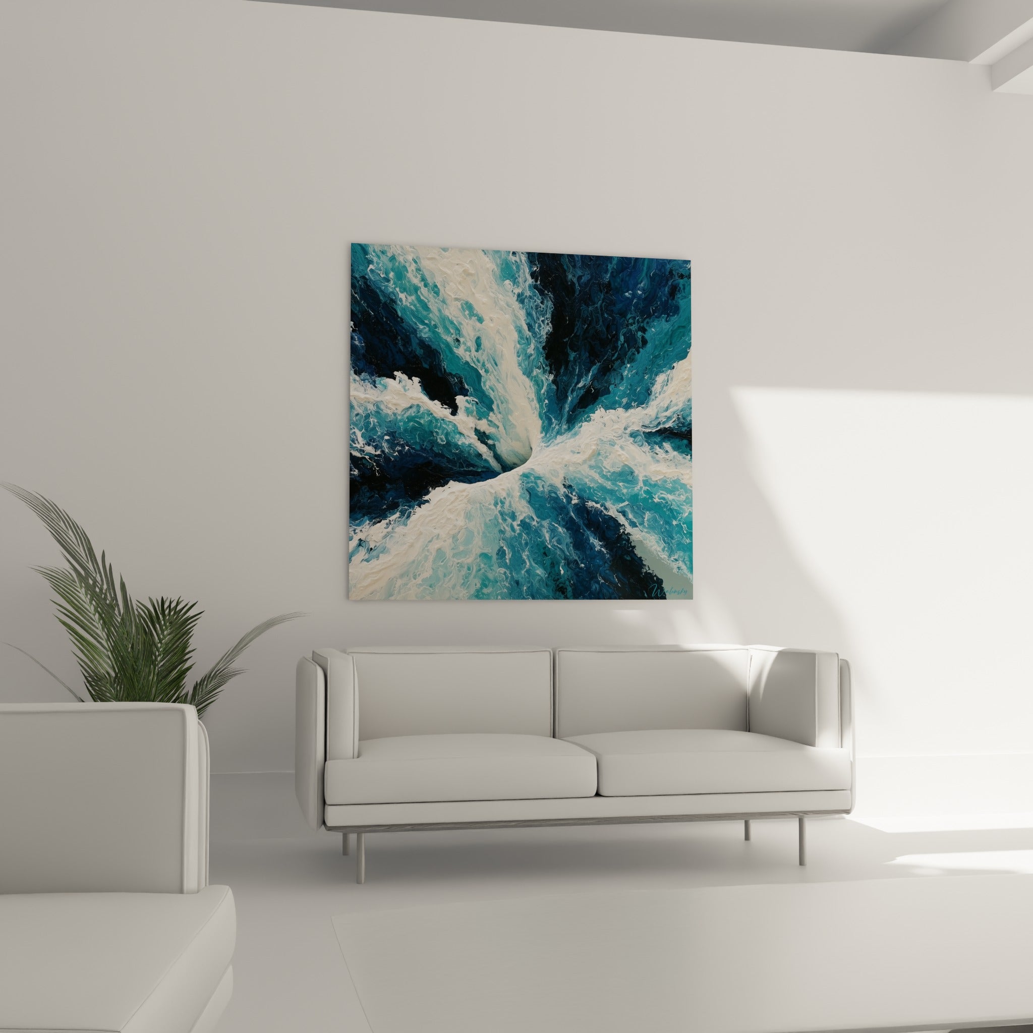 Vague abstraite turquoise et anthracite en pleine force au-dessus d'un canapé dans un salon lumineux