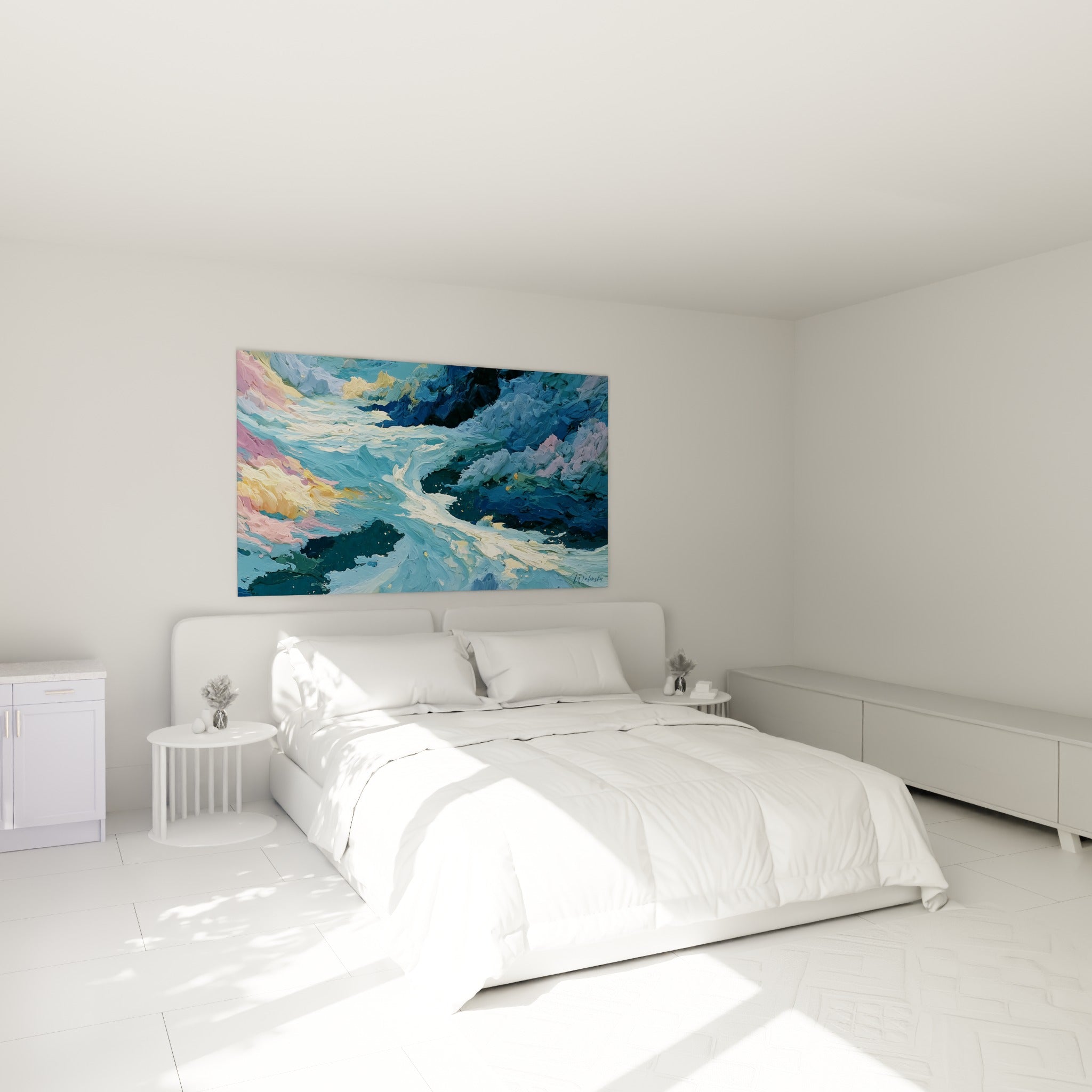 Vagues bleues et roses figées dans la matière, tableau accroché au-dessus d'un lit dans une chambre claire