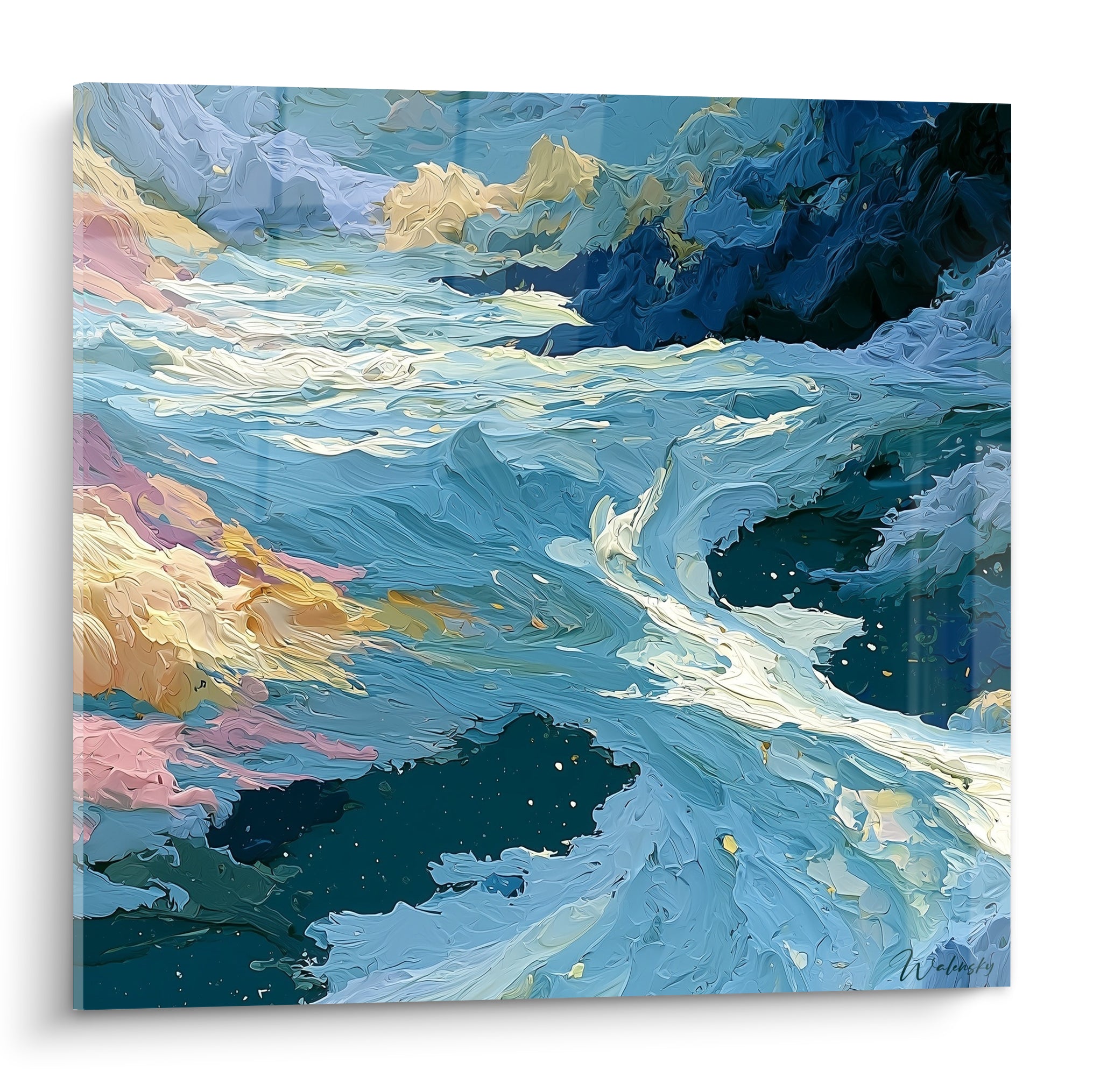 Vagues bleu ciel et anthracite se mêlent à des éclats dorés dans ce tableau abstrait texturé