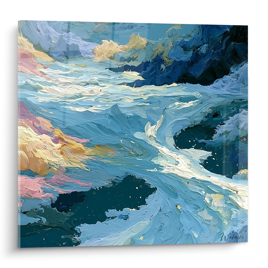 Tableau Vagues bleu ciel et touches dorées - Tourbillon céleste - Edition style Peinture abstrait