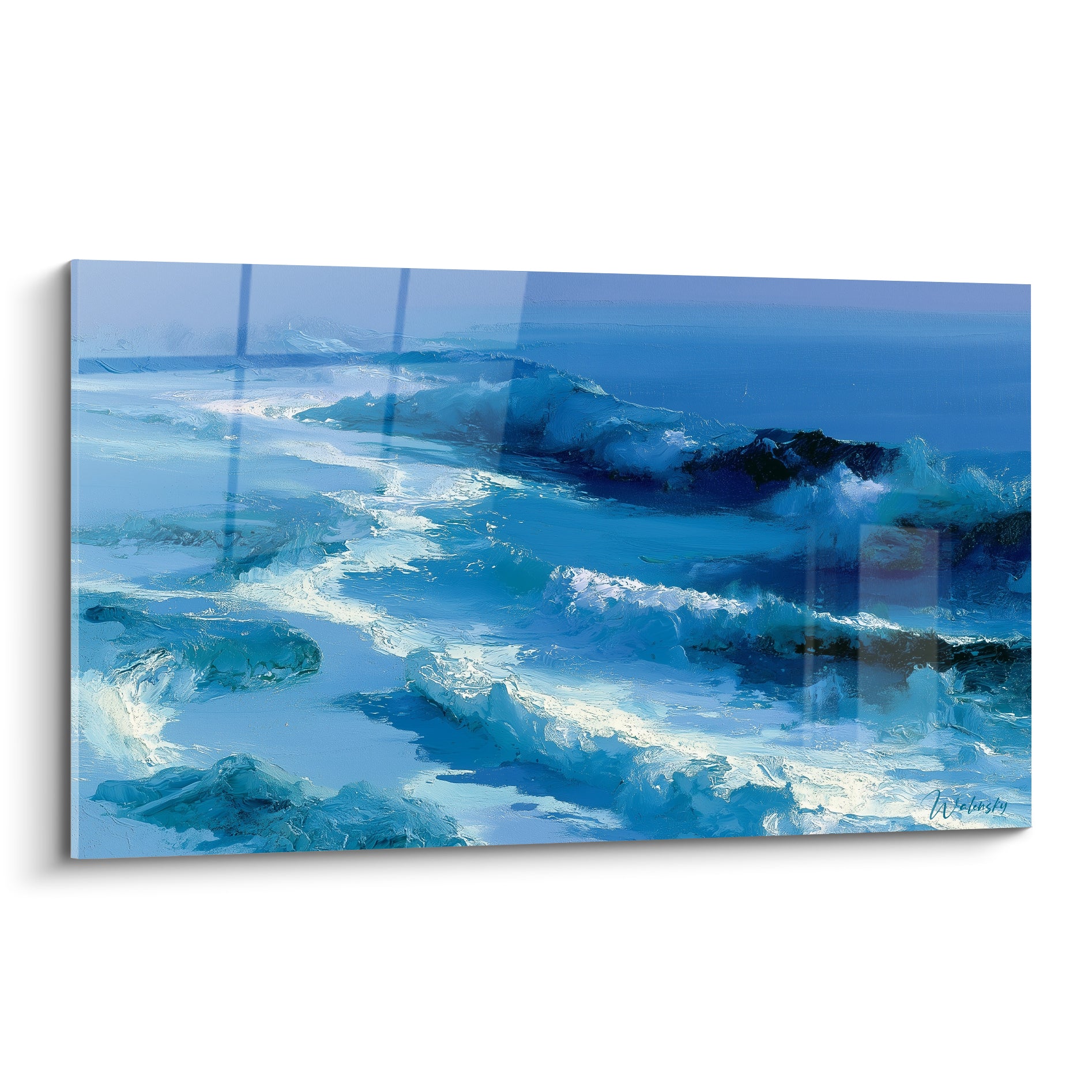 Vagues bleu marine et blanc écumeux se brisant contre des rochers anthracite, peinture texturée intense