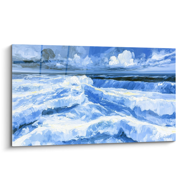 Tableau Vagues bleu et blanc sous ciel nuageux - Crêtes écumantes - Edition style Peinture abstrait