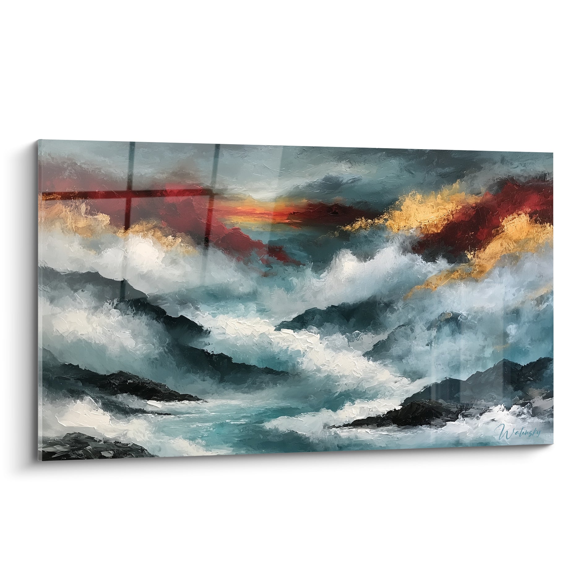 Vagues bleu pétrole et ciel rouge doré, mer démontée peinte en style Peinture abstrait sur toile